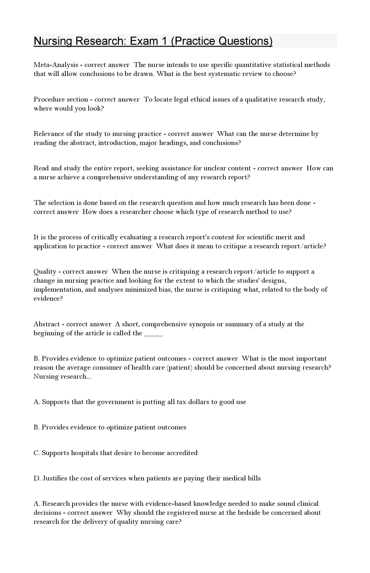 Nursing Research Exam 1 (Practice Questions) 2024/2025 Detailed ...