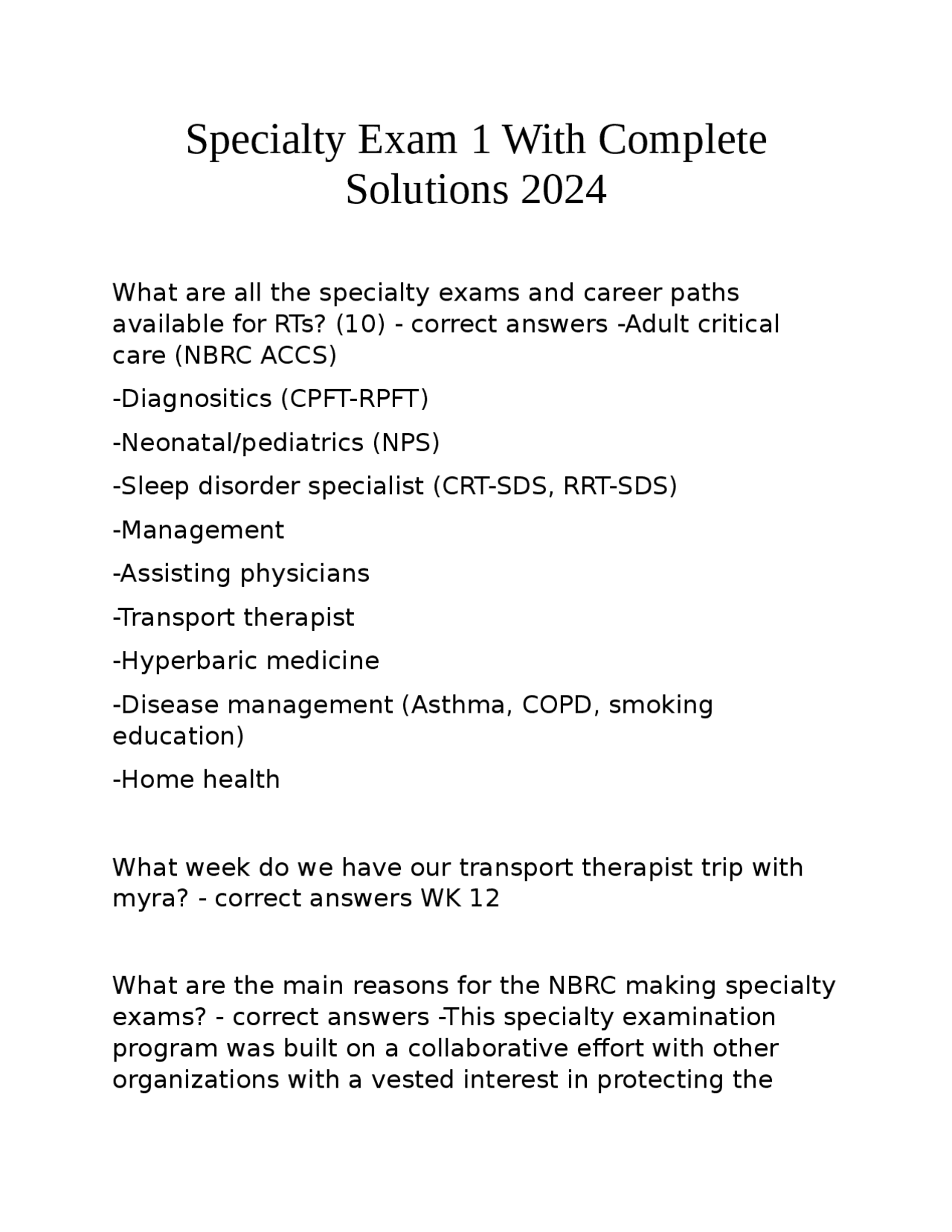 Specialty Exam 1 With Complete Solutions 2024 | Exams Nursing | Docsity