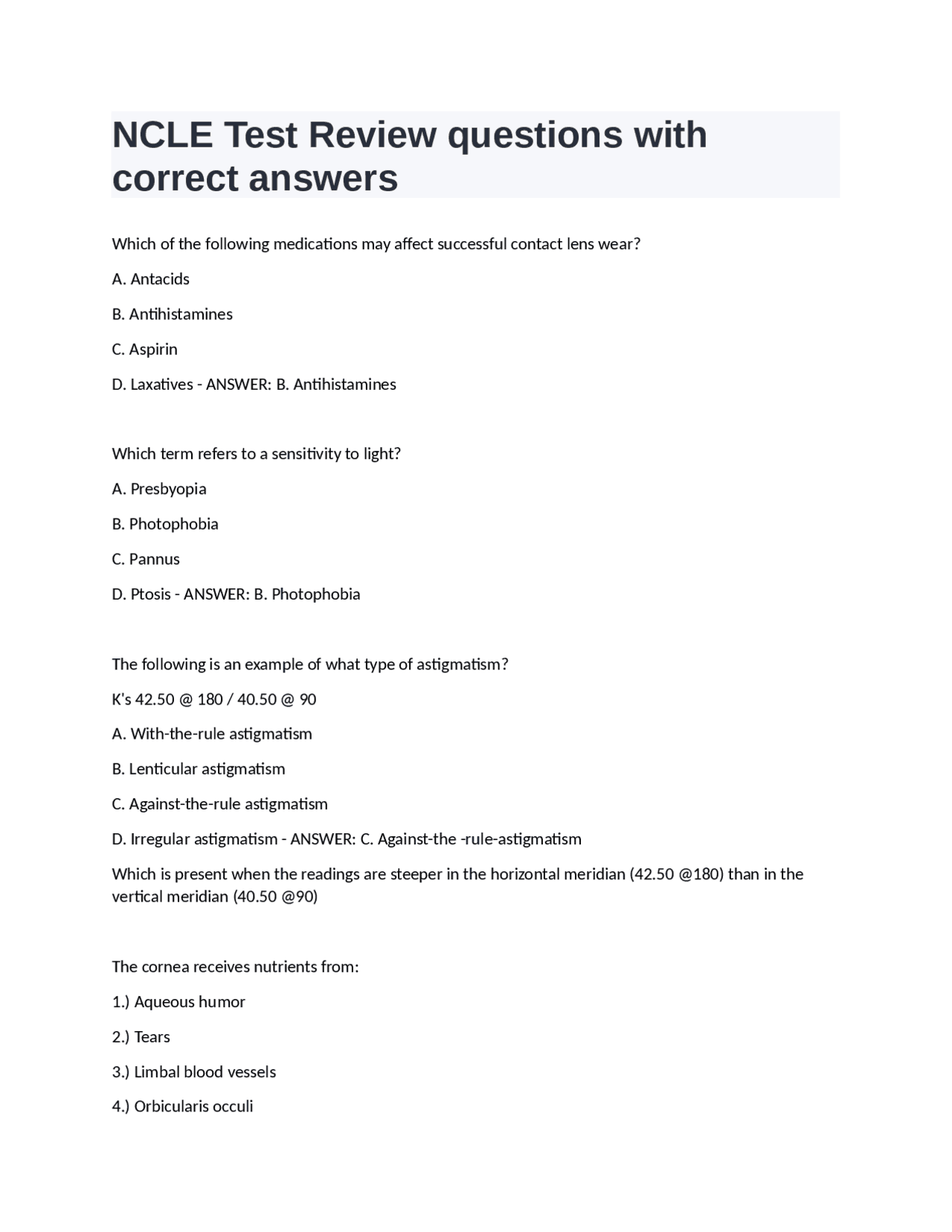 NCLE Test Review questions with correct answers | Exams Nursing | Docsity