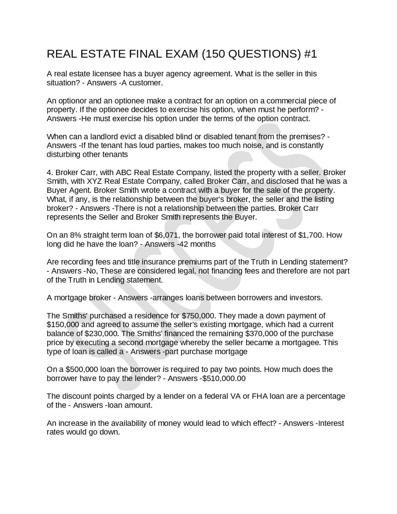 REAL ESTATE FINAL EXAM (150 QUESTIONS ) 1 Exams Business Economics