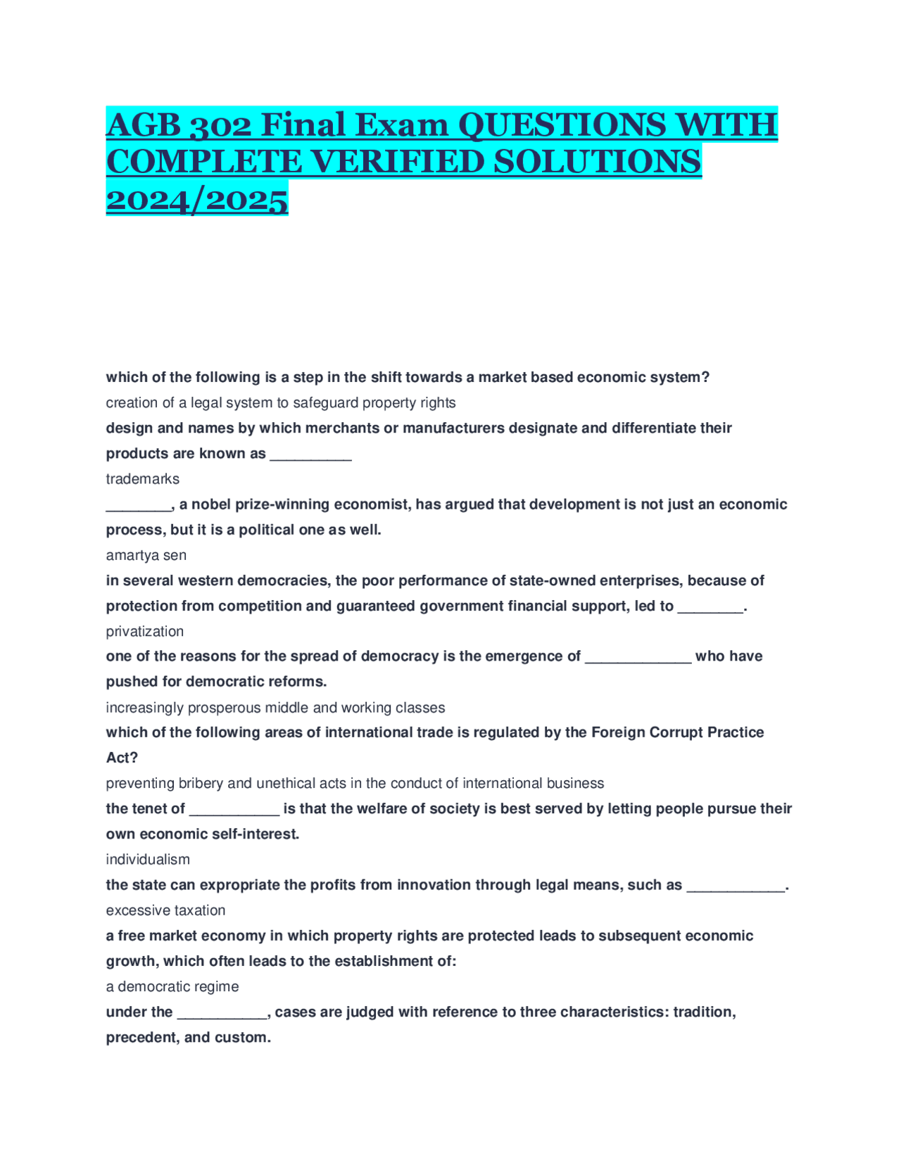 AGB 302 Final Exam QUESTIONS WITH COMPLETE VERIFIED SOLUTIONS 2024/2025 | Exams Business ...