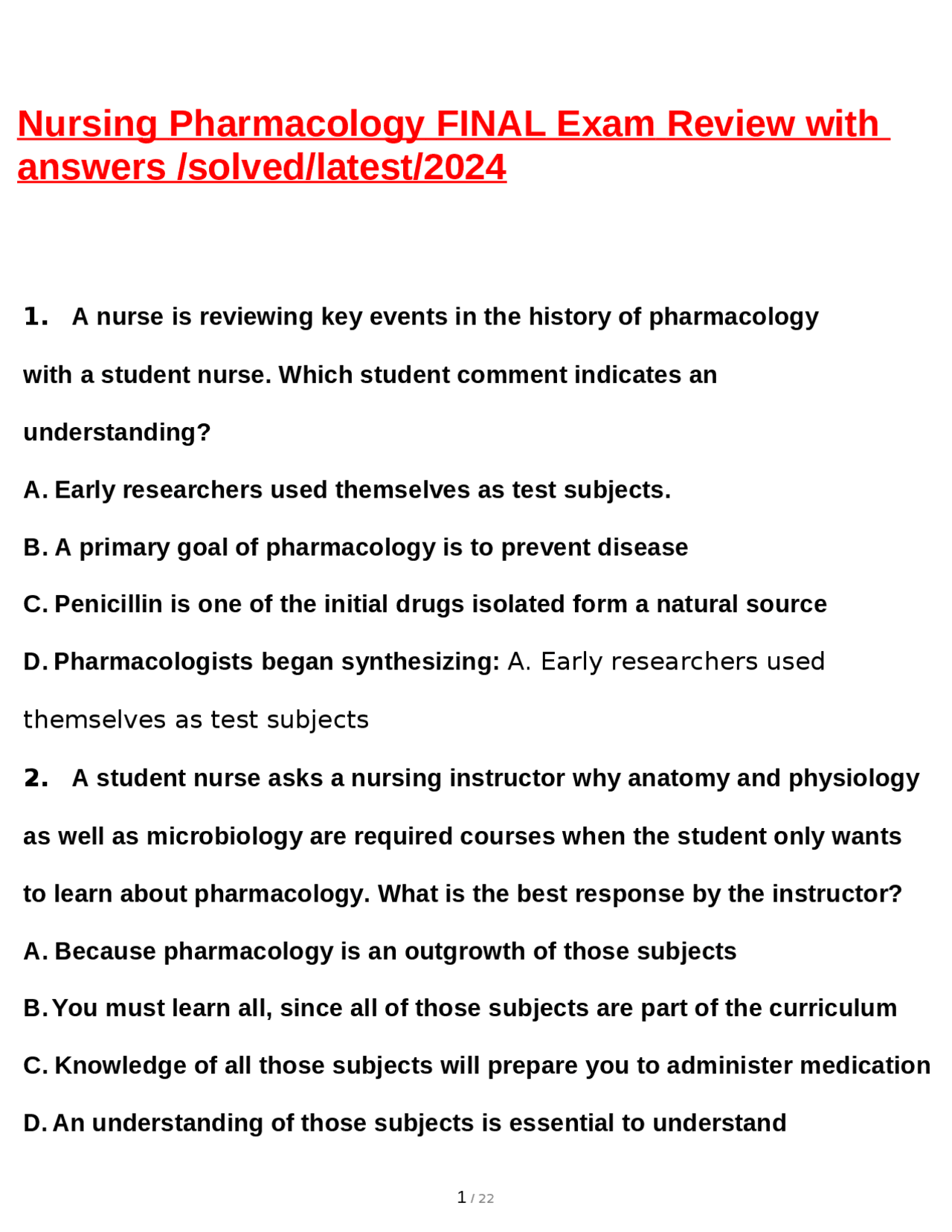 Nursing Pharmacology FINAL Exam Review with answers /solved/latest/2024 ...