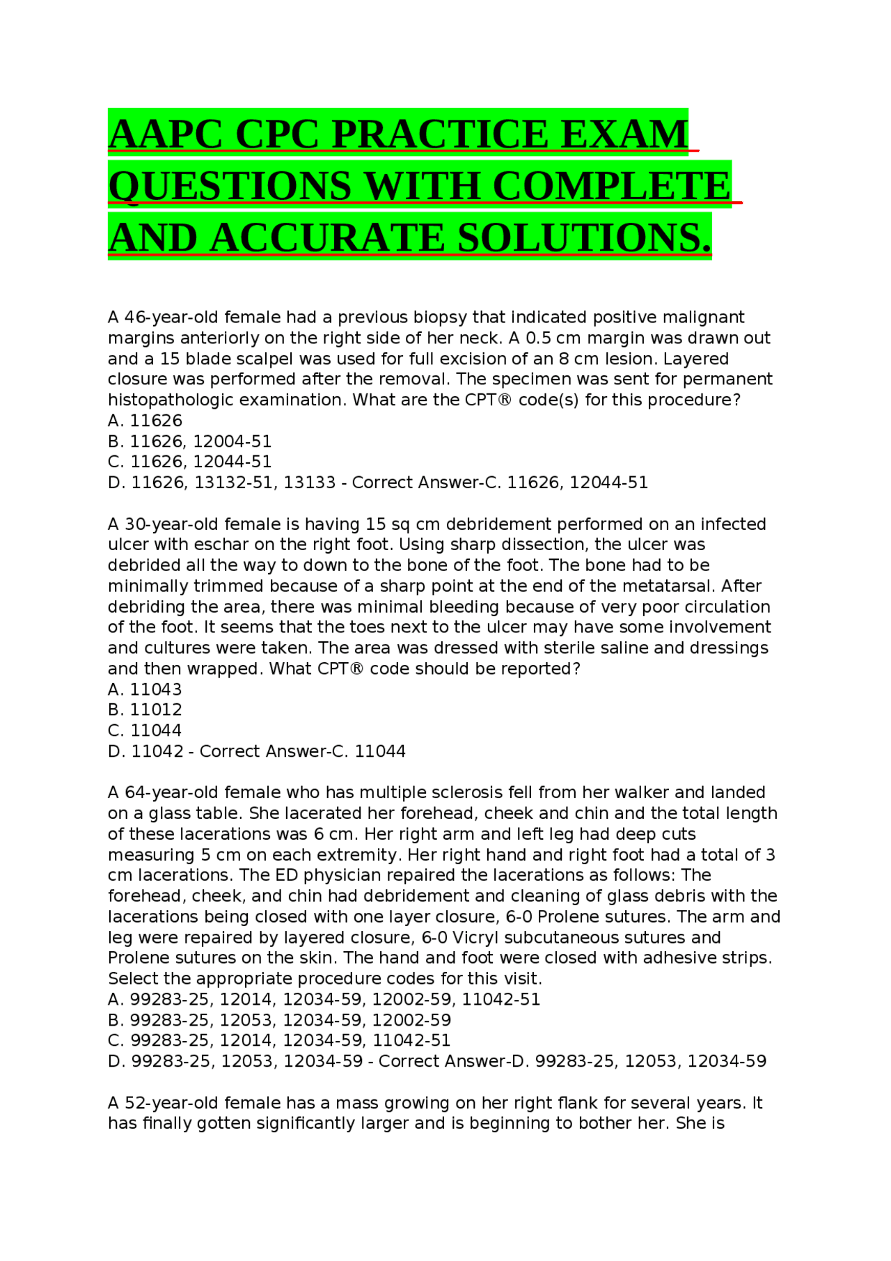 AAPC CPC PRACTICE EXAM QUESTIONS WITH COMPLETE AND ACCURATE SOLUTIONS ...