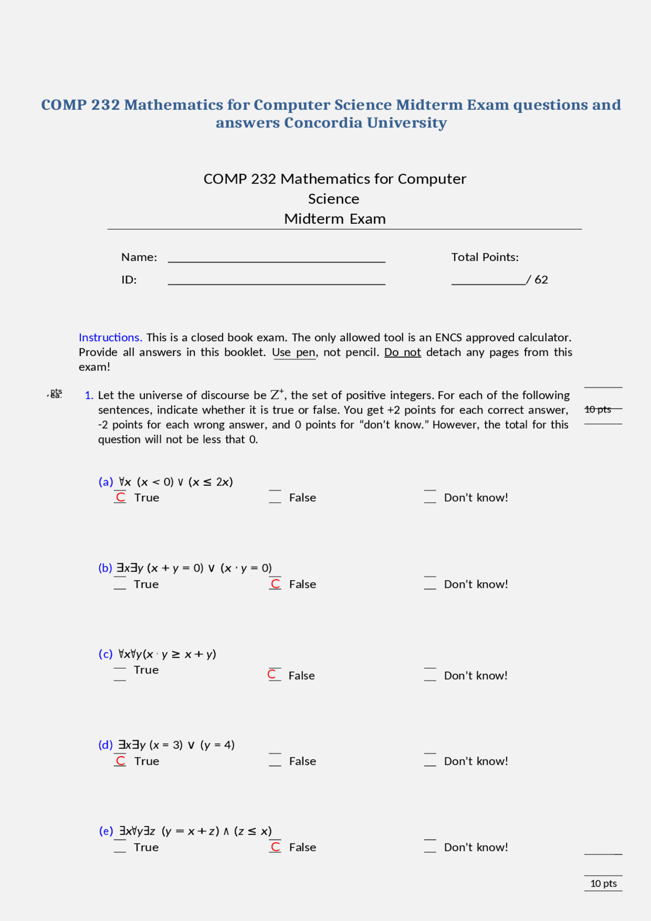 COMP 232 Mathematics for Computer Science Midterm Exam questions and ...