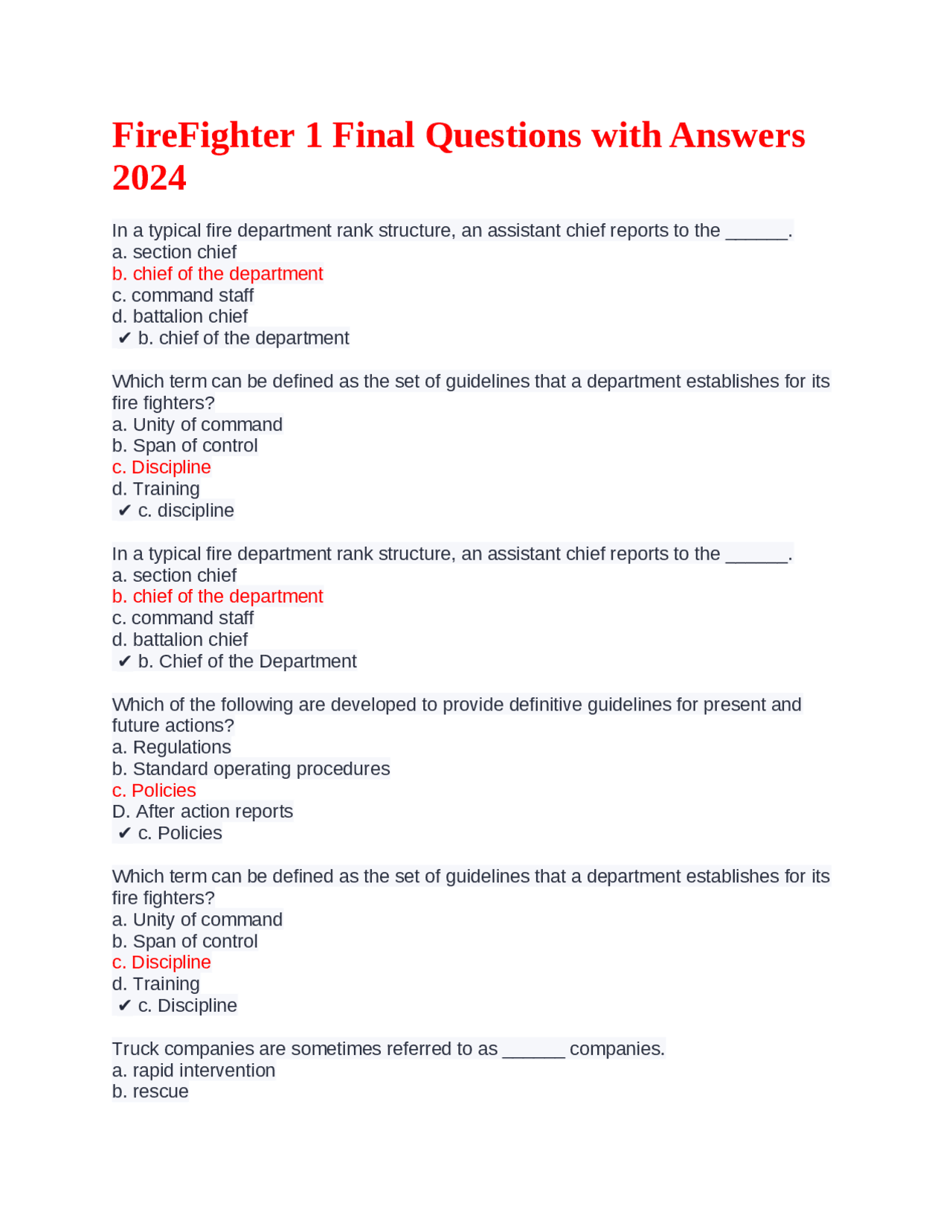 FireFighter 1 Final Questions with Answers 2024 | Exams Engineering ...