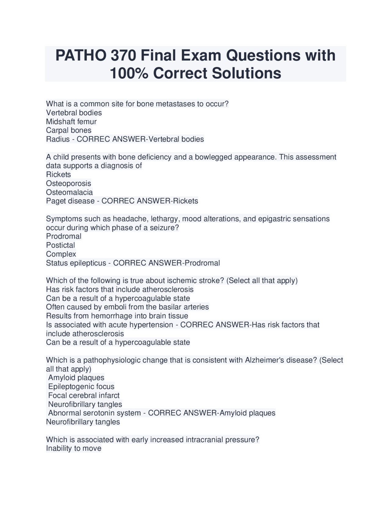 PATHO 370 Final Exam Questions with 100% Correct Solutions | Exams ...