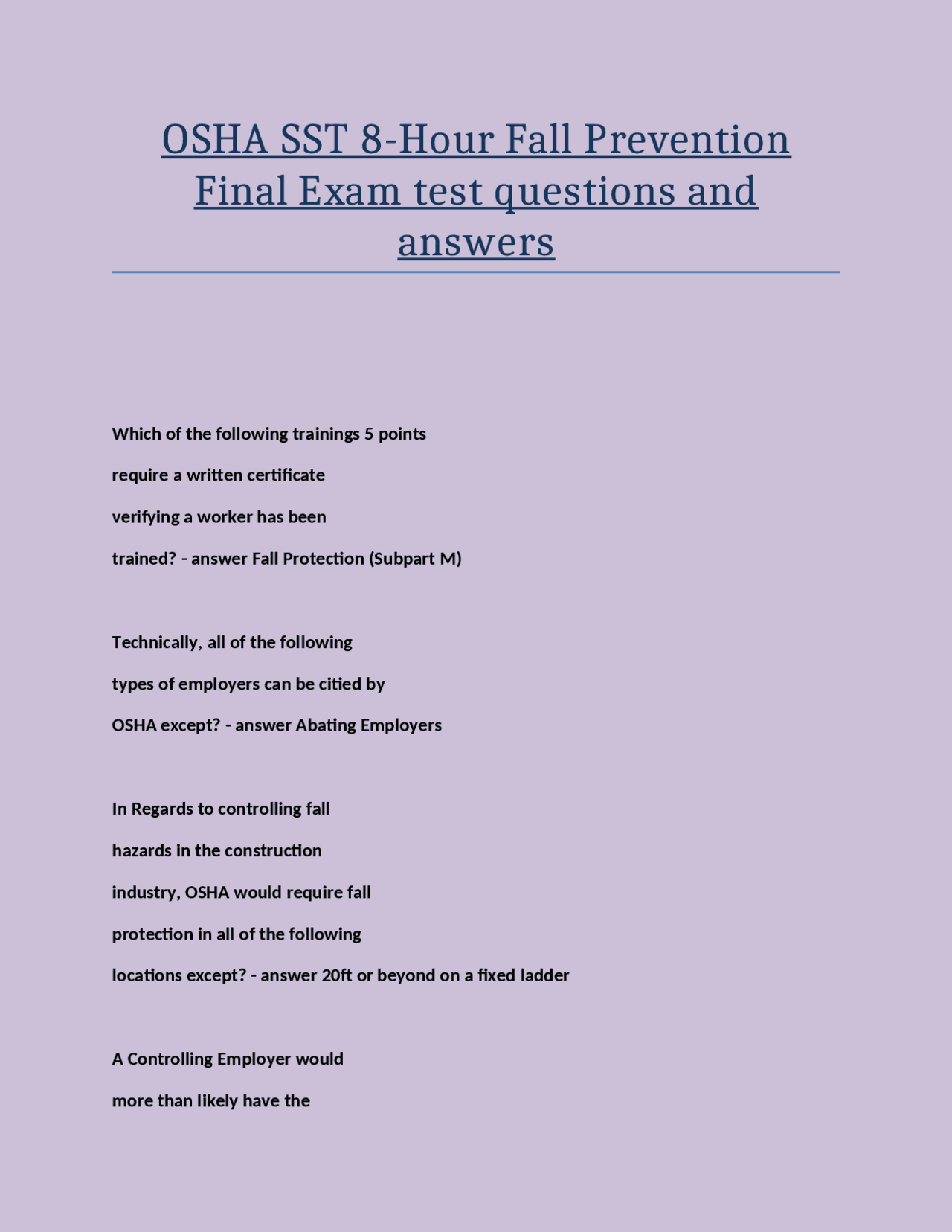 OSHA SST 8-Hour Fall Prevention Final Exam test questions and 
