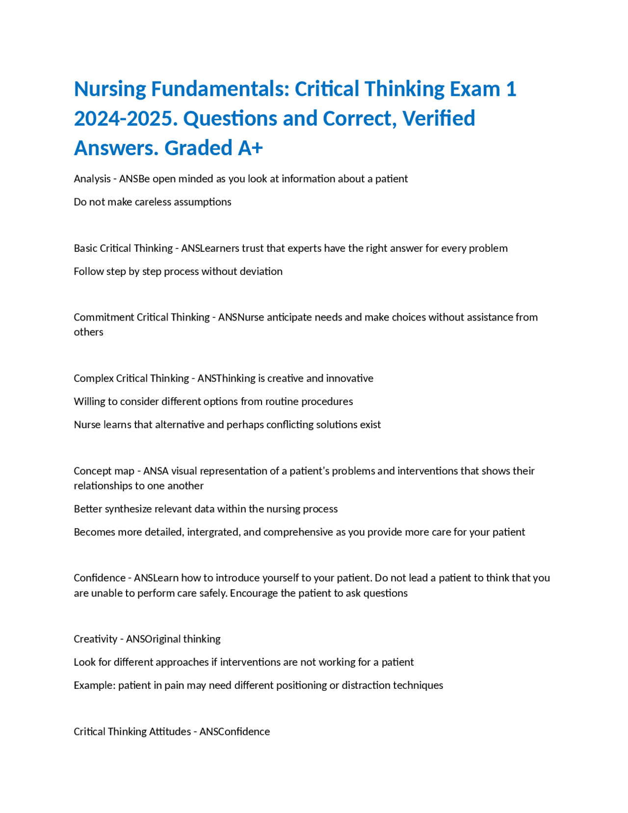 Nursing Fundamentals: Critical Thinking Exam 1 2024-2025. Questions and ...