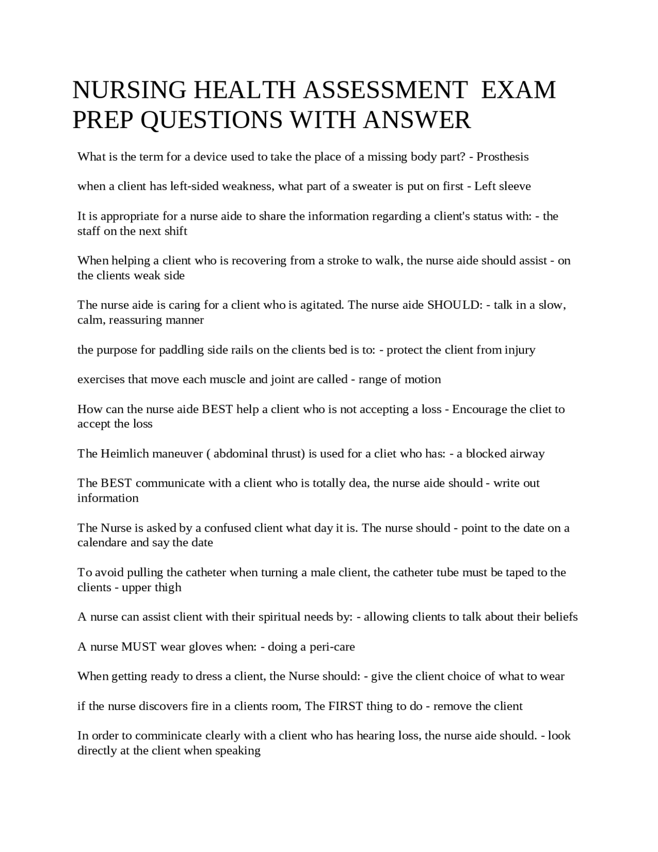 NURSING HEALTH ASSESSMENT EXAM PREP QUESTIONS WITH ANSWER 2024 | Exams ...