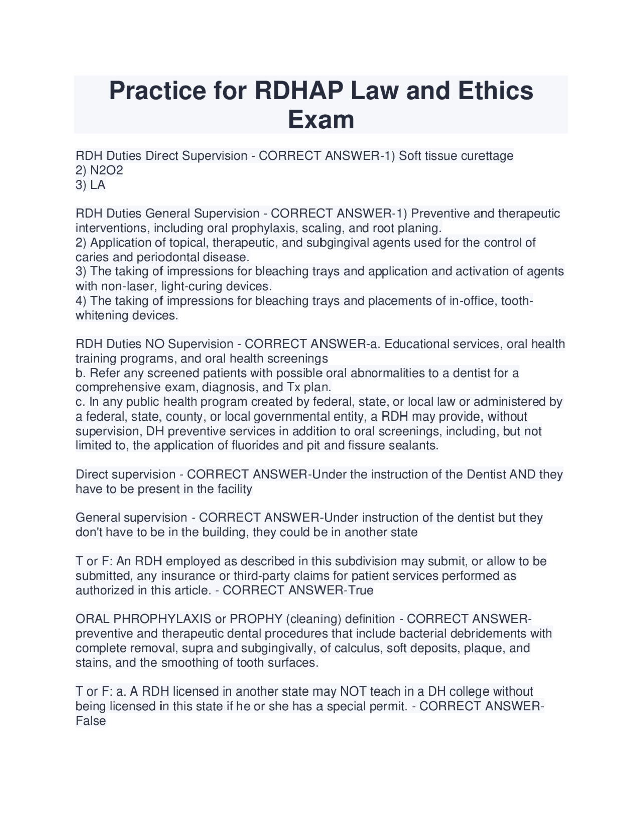 Practice for RDHAP Law and Ethics Exam | Exams Nursing | Docsity