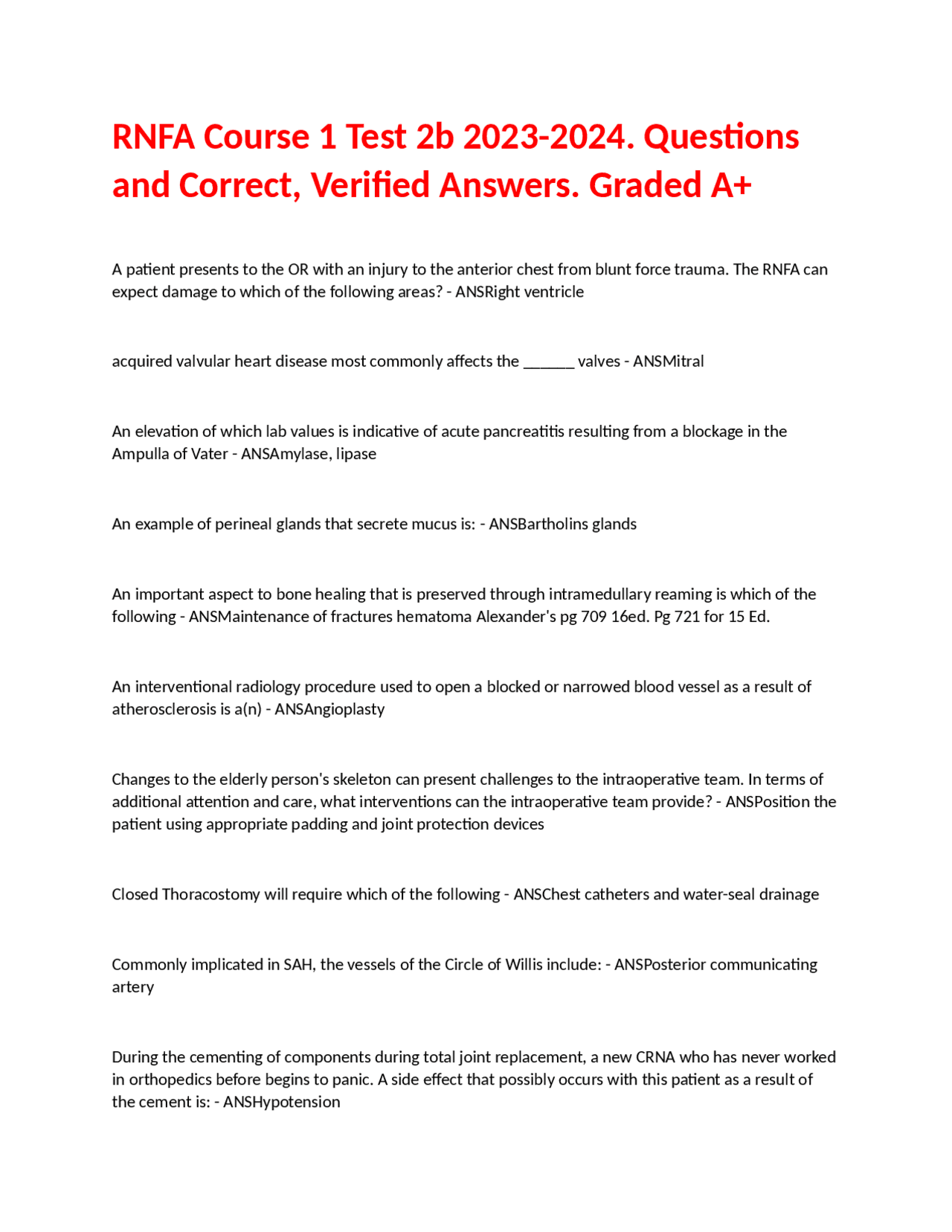 RNFA Course 1 Test 2b 2023-2024. Questions and Correct, Verified ...