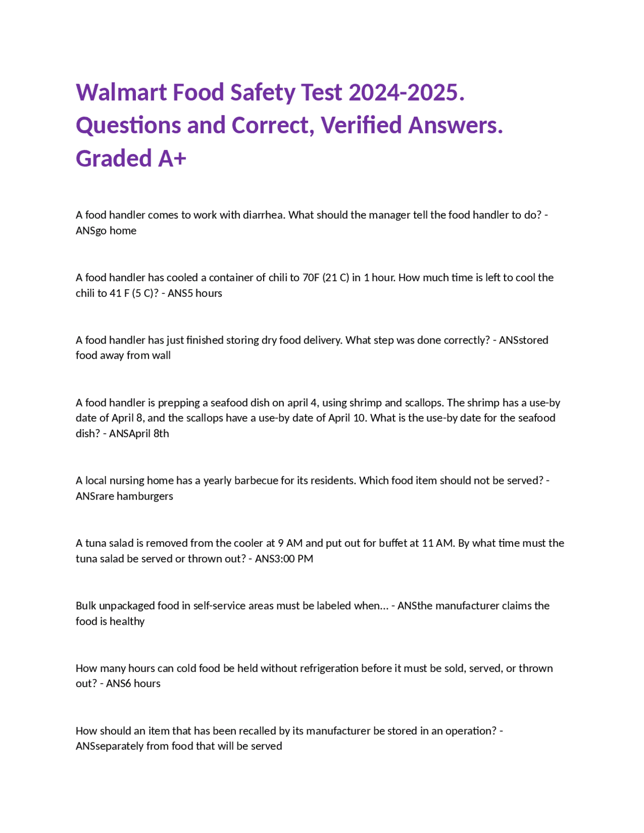 Walmart Food Safety Test 2024-2025. Questions and Correct, Verified