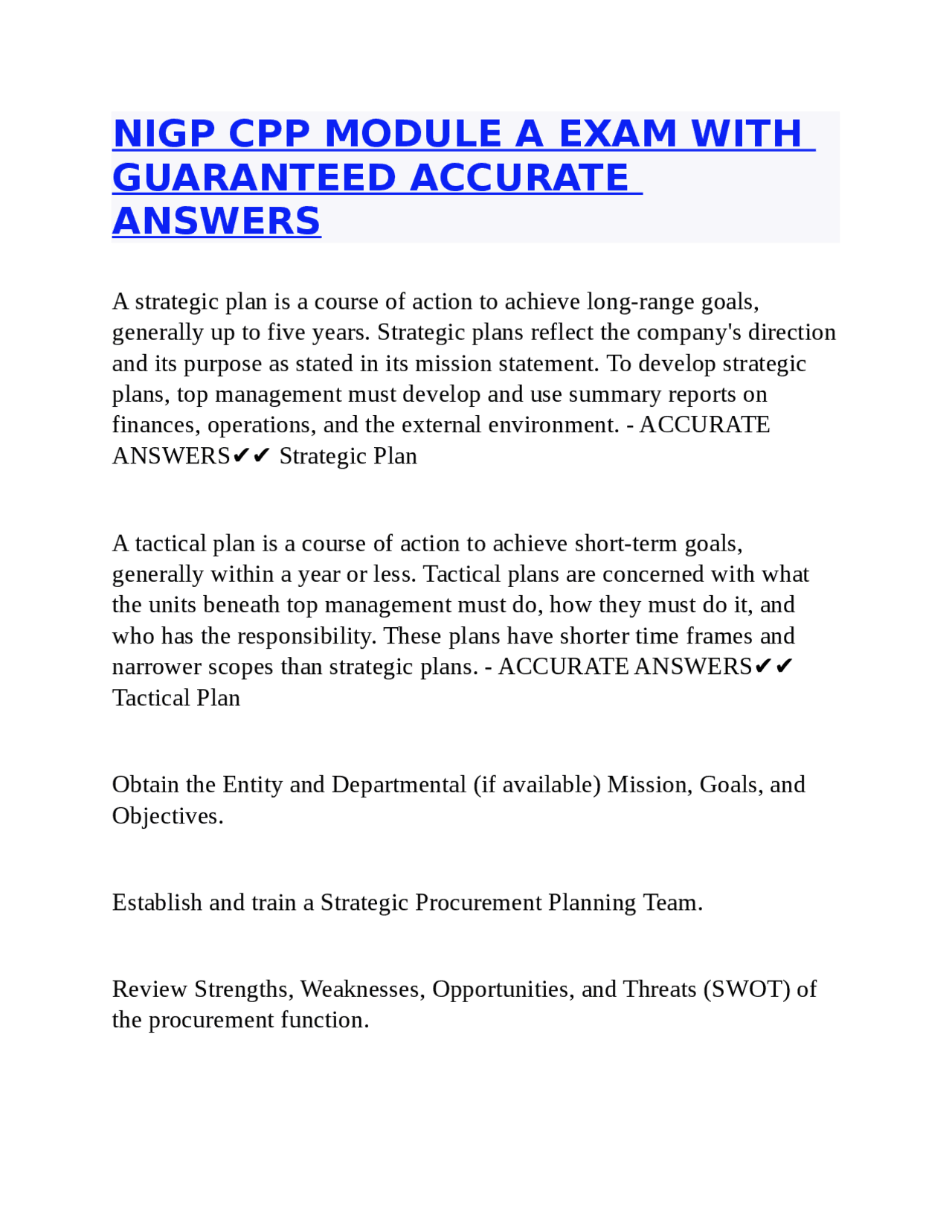 NIGP CPP MODULE A EXAM WITH GUARANTEED ACCURATE ANSWERS | Exams Nursing ...
