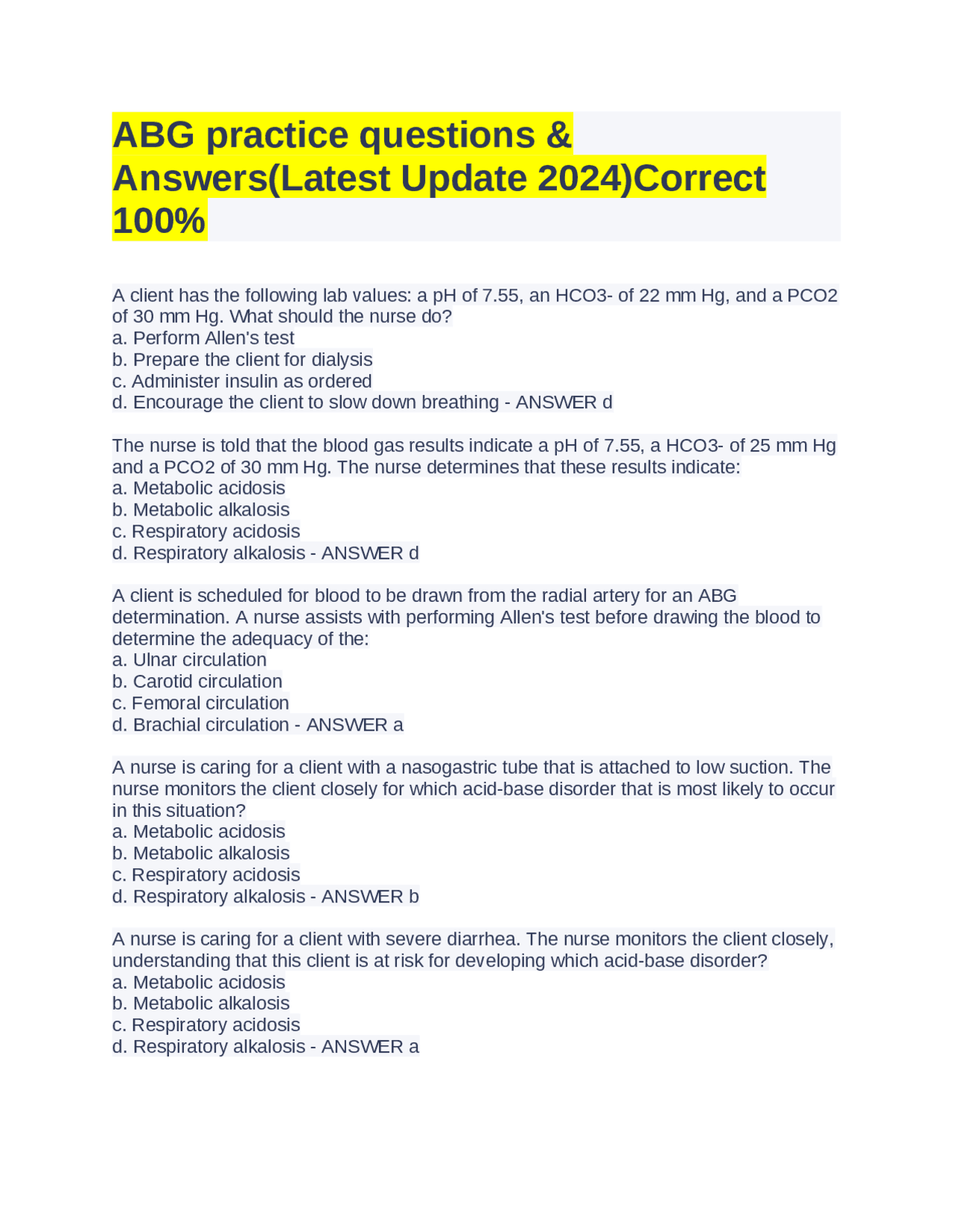 ABG practice questions & Answers(Latest Update 2024)Correct 100% ...