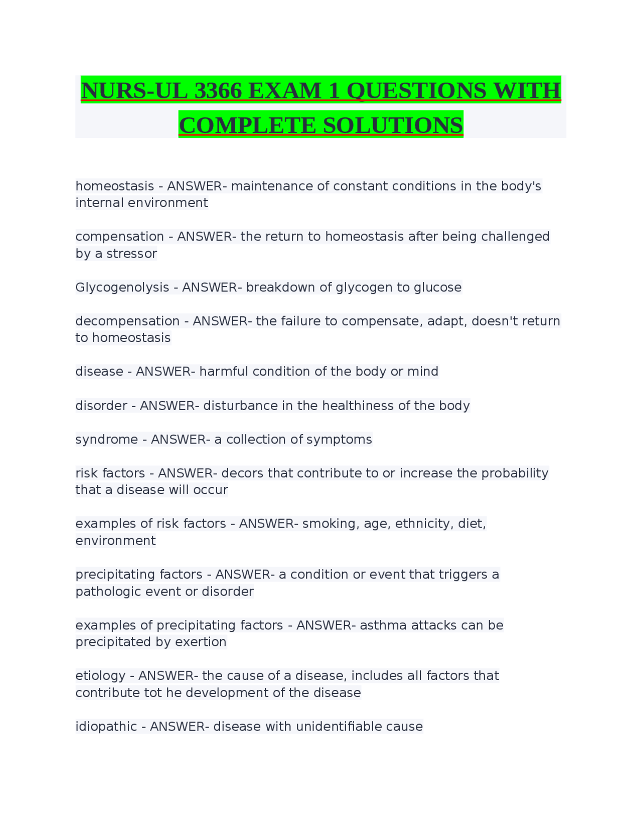 NURS-UL 3366 EXAM 1 QUESTIONS WITH COMPLETE SOLUTIONS | Exams Nursing ...