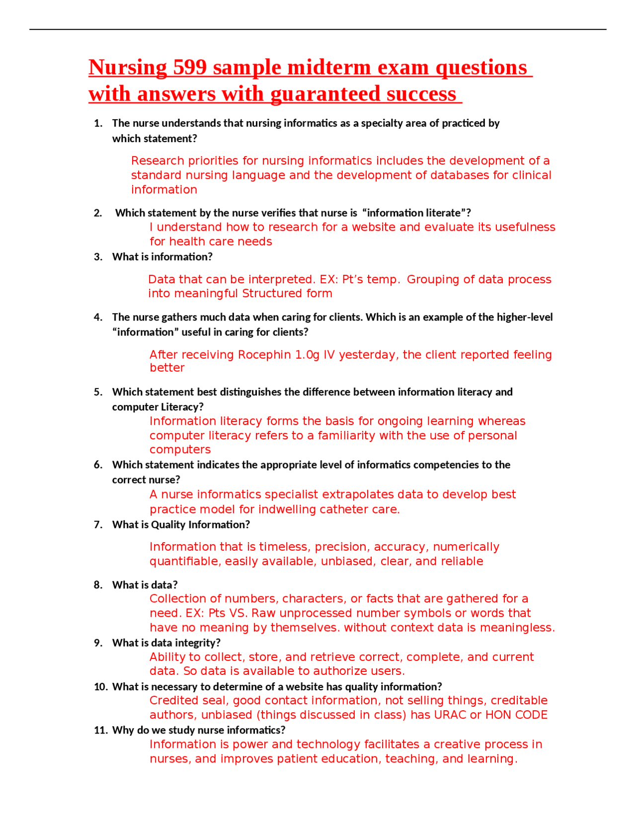 Nursing 599 sample midterm exam questions with answers with guaranteed ...
