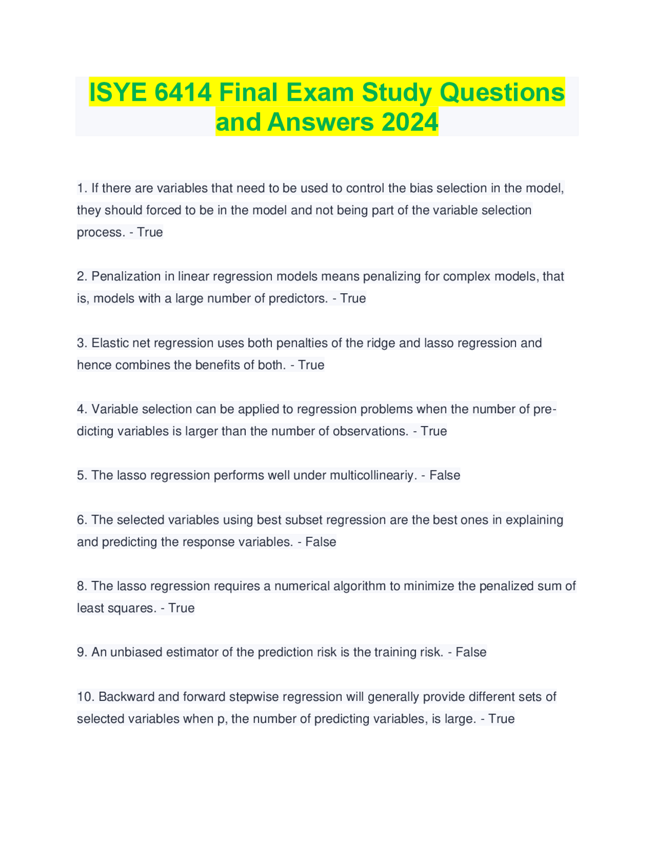 ISYE 6414 Final Exam Study Questions and Answers 2024 | Exams Nursing ...