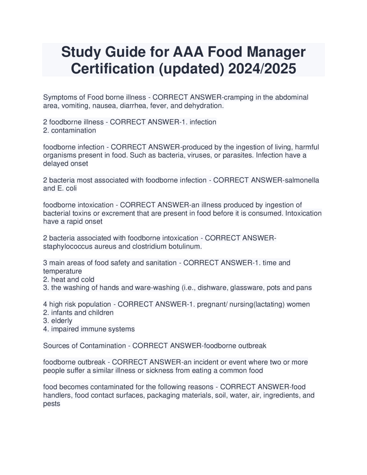 Food Manager Study Guide Study Guide for AAA Food Manager Certification (updated) 2024/2025 ...
