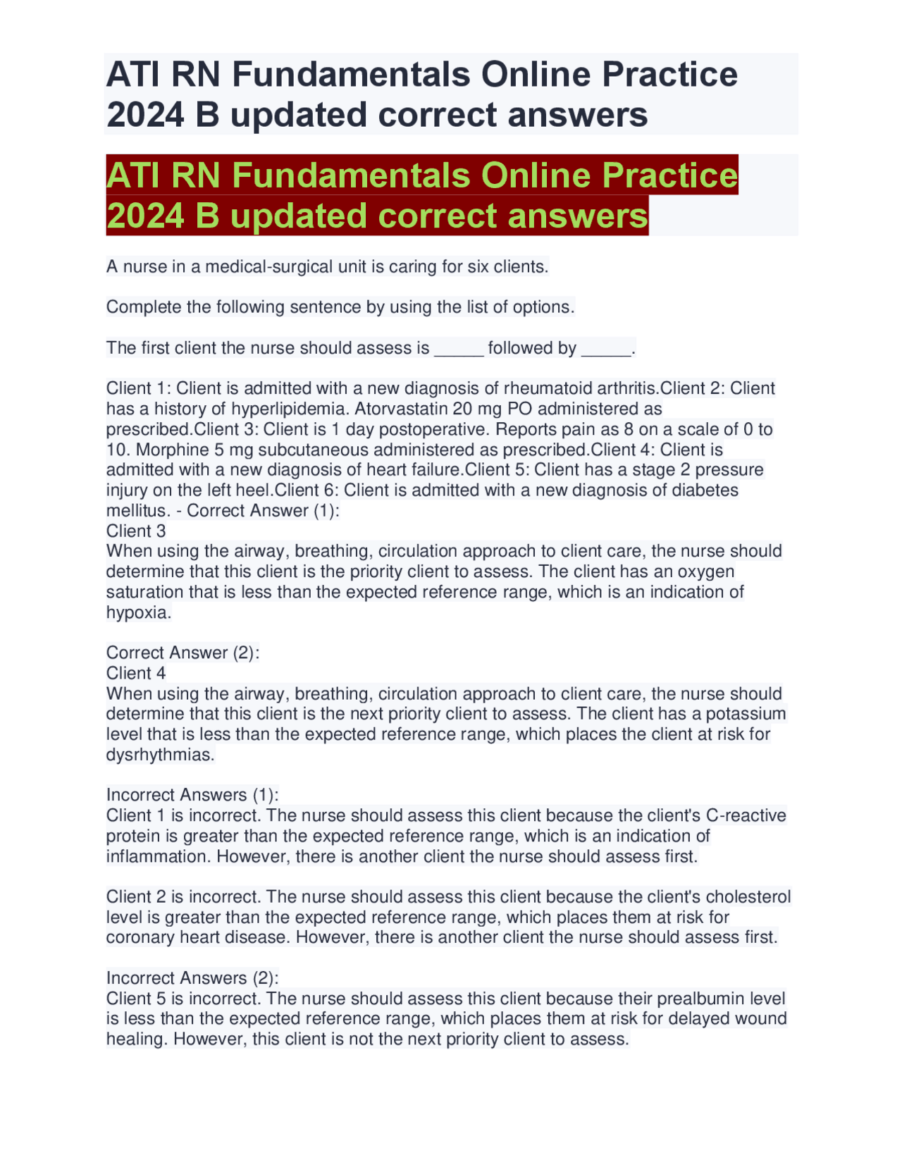 ATI RN Fundamentals Online Practice 2024 B updated correct answers ...