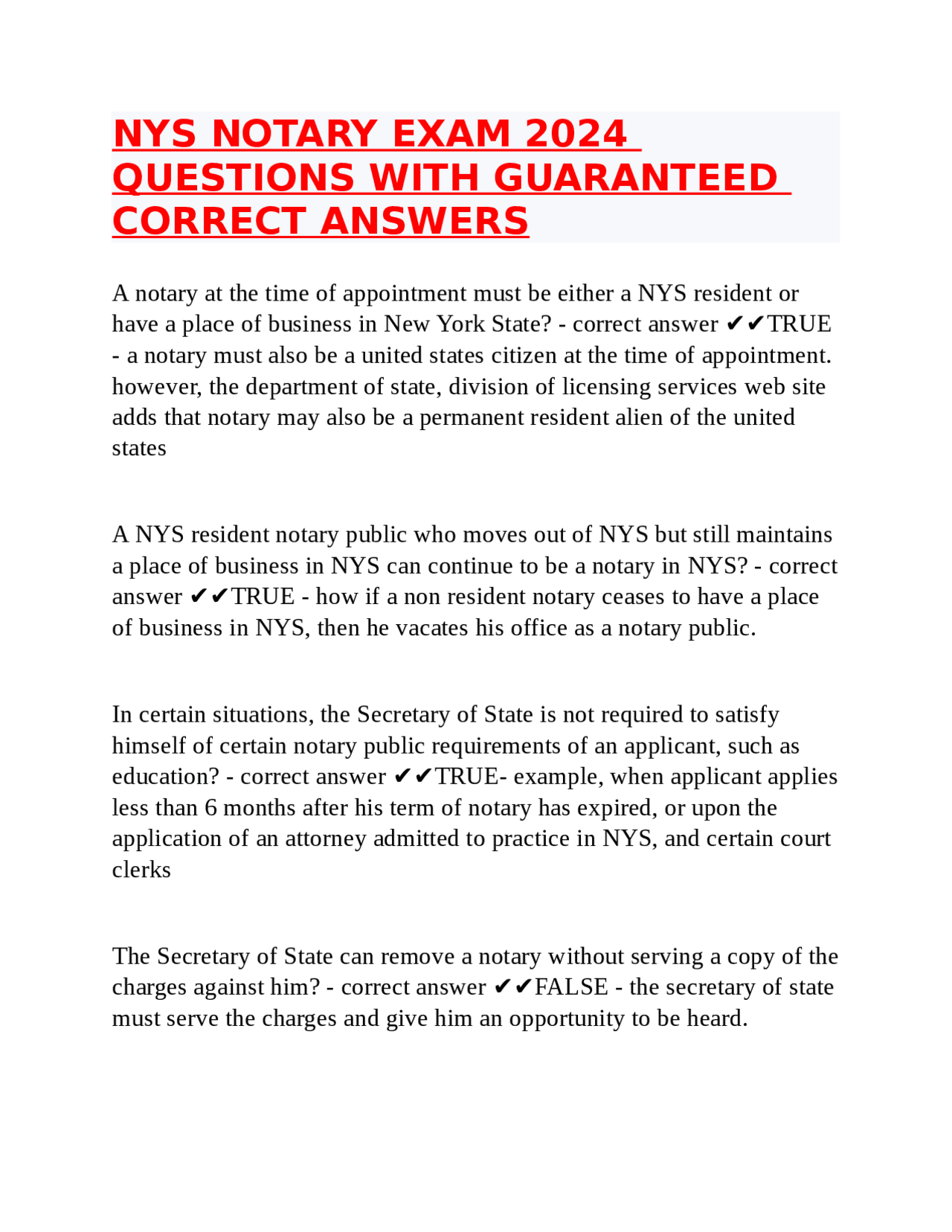NYS NOTARY EXAM 2024 QUESTIONS WITH GUARANTEED CORRECT ANSWERS Exams nys-notary-exam-2024-questions-with-guaranteed-correct-answers-exams