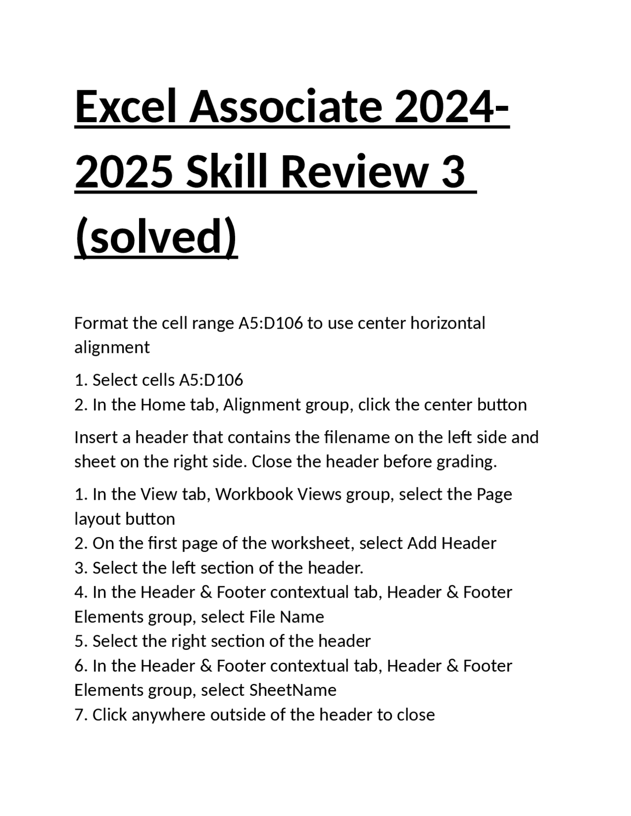 Excel Associate 2024-2025 Skill EXAM WITH 100% CORRECT ANSWERS | Exams ...