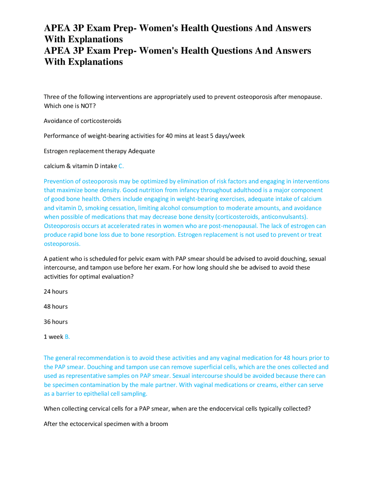 APEA 3P Exam Prep Women's Health Questions And Answers With