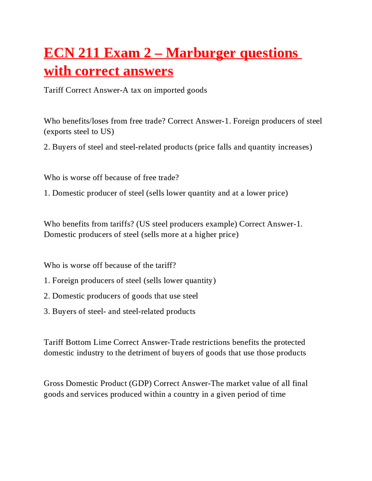 ECN 211 Exam 2 – Marburger questions with correct answers | Exams ...