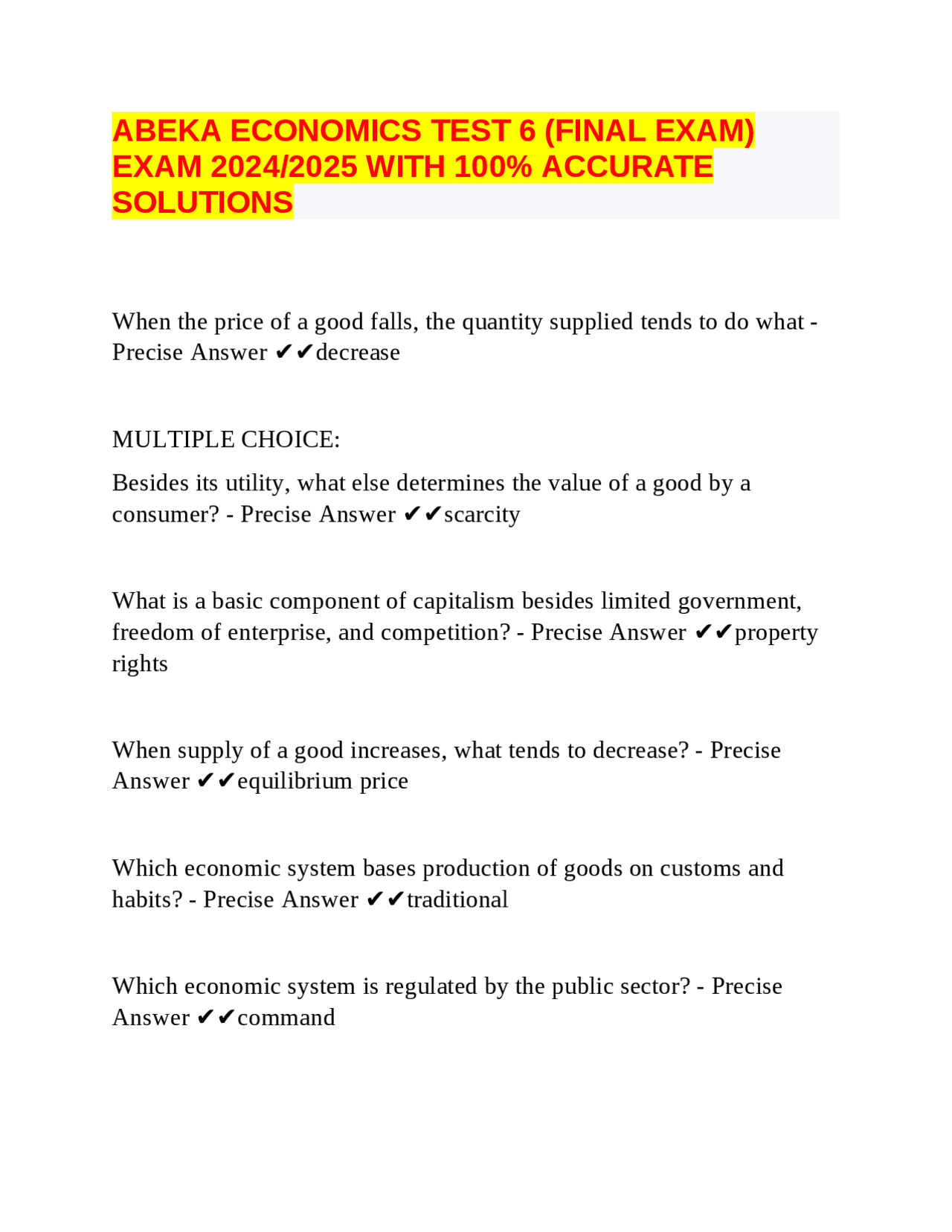 ABEKA ECONOMICS TEST 6 (FINAL EXAM) EXAM 2024/2025 WITH 100 ACCURATE