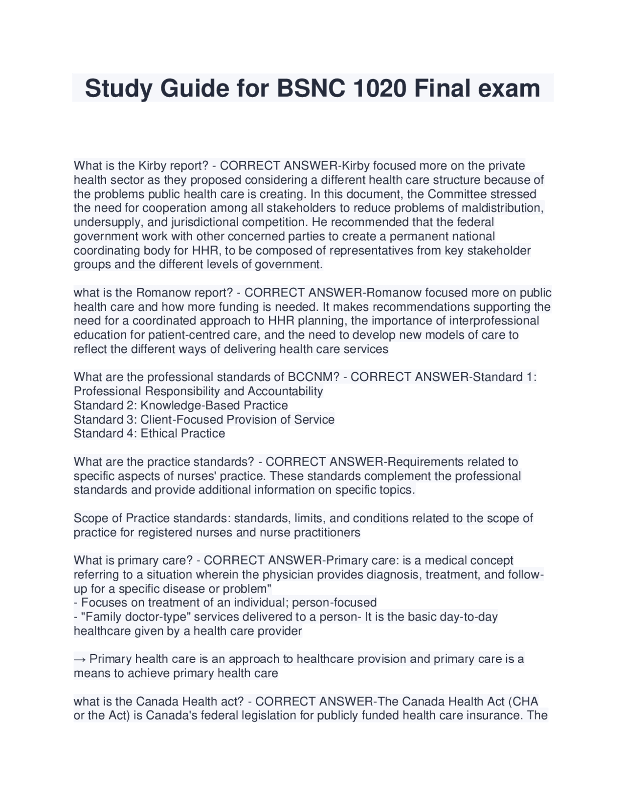 Study Guide For Bsnc 1020 Final Exam Exams Nursing Docsity