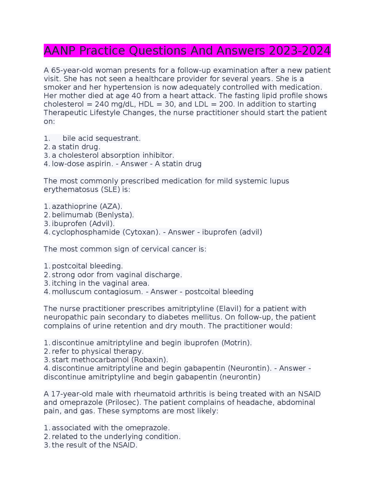 AANP Practice Questions And Answers 2023-2024 | Exams Nursing | Docsity