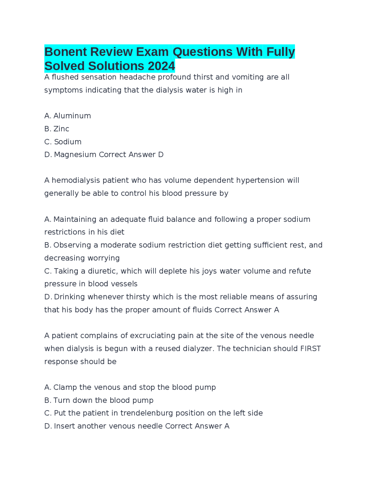 Bonent Review Exam Questions With Fully Solved Solutions 2024 | Exams ...