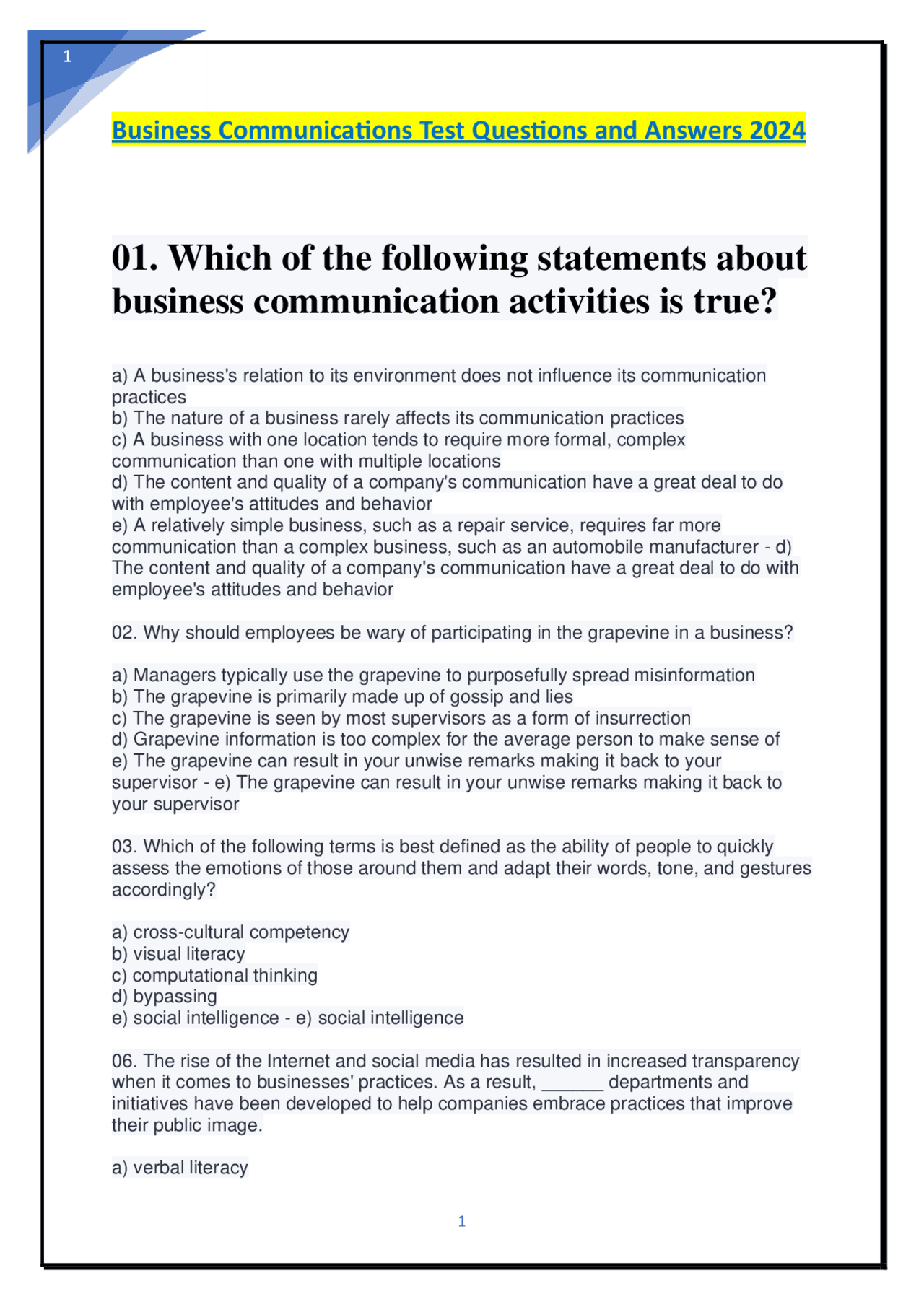 Business Communications Test Questions and Answers 2024 | Exams ...