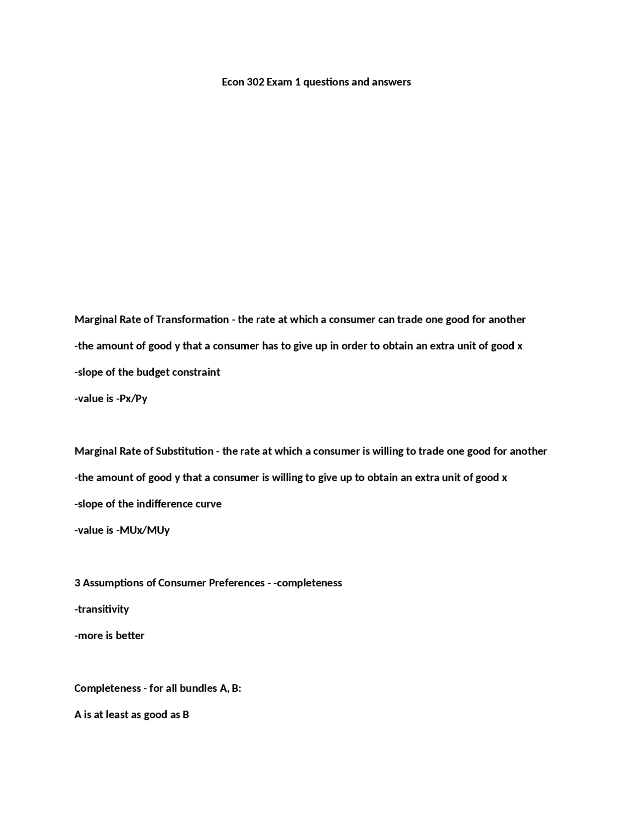 Econ 302 Exam 1 questions and answers | Exams Economics | Docsity