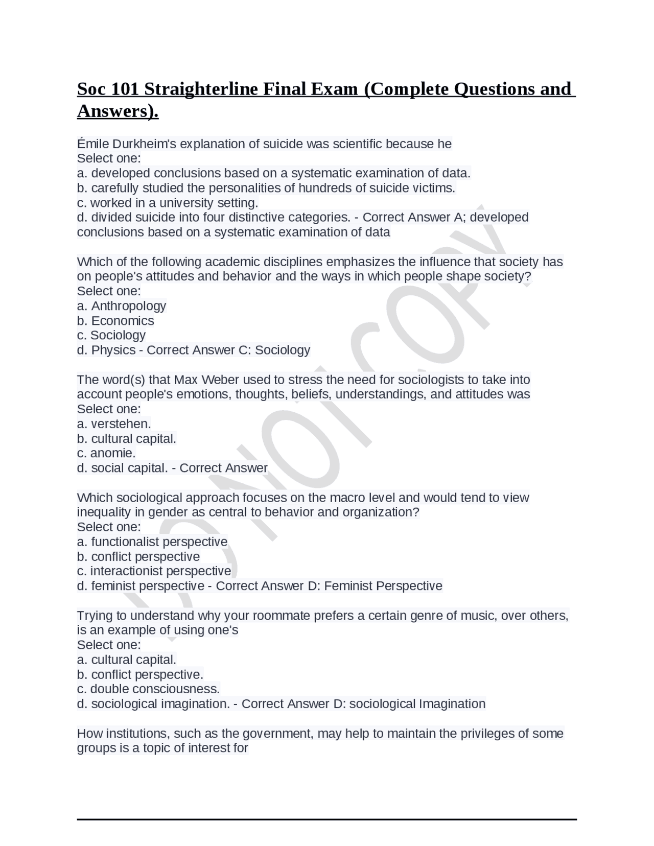 Soc 101 Straighterline Final Exam (Complete Questions and Answers ...
