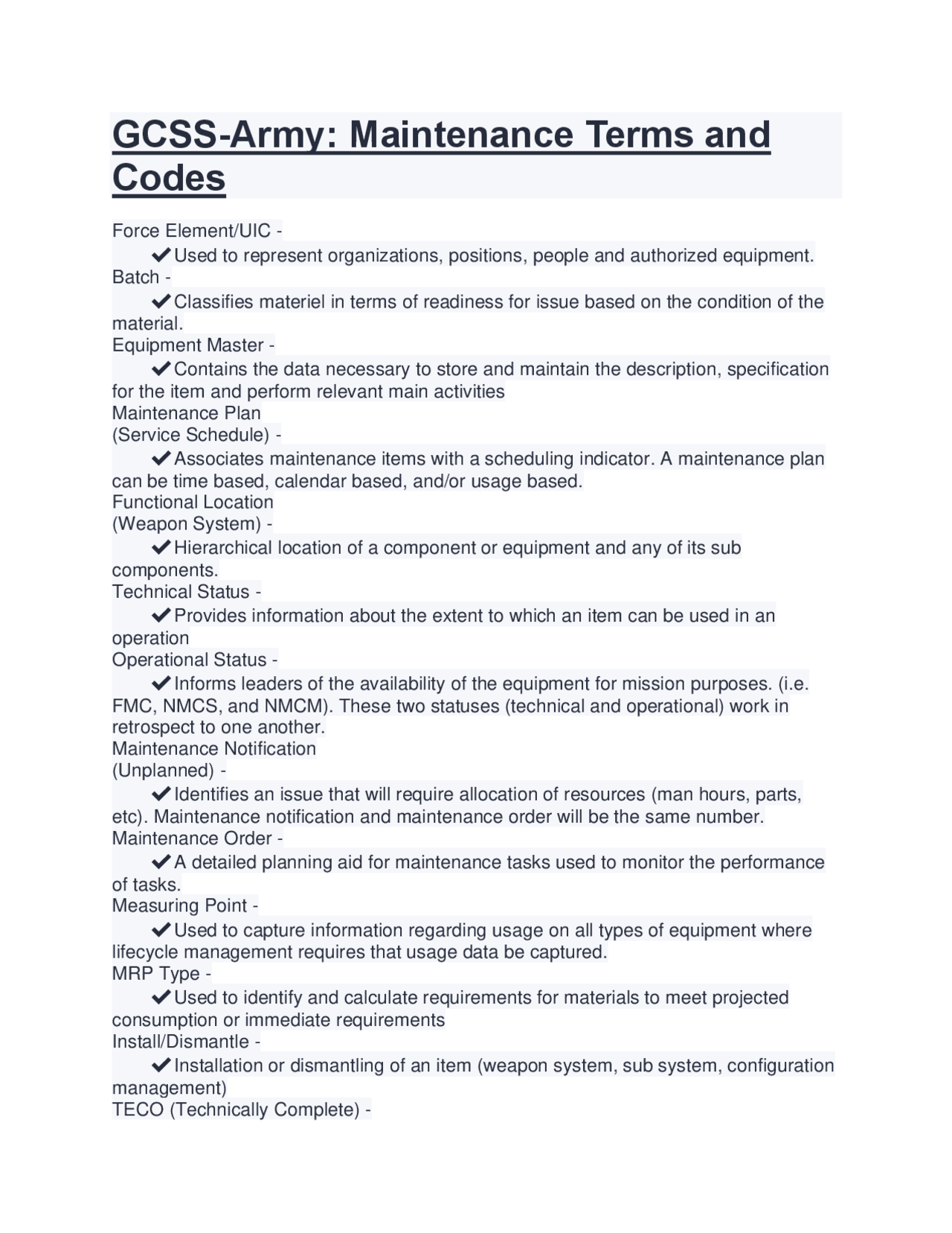 GCSS-Army: Maintenance Terms and Codes | Exams Nursing | Docsity
