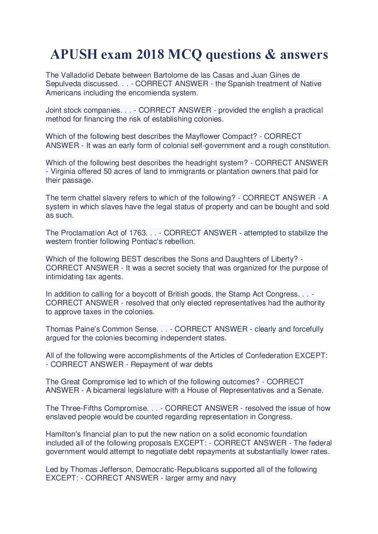 APUSH exam 2018 MCQ questions & answers | Exams Civil procedure | Docsity