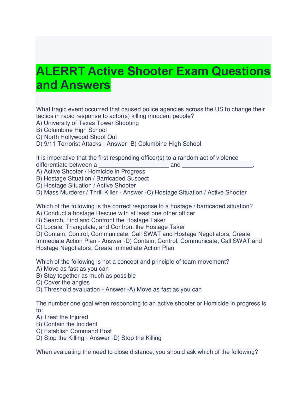 ALERRT Active Shooter Exam Questions and Answers | Exams Advanced ...