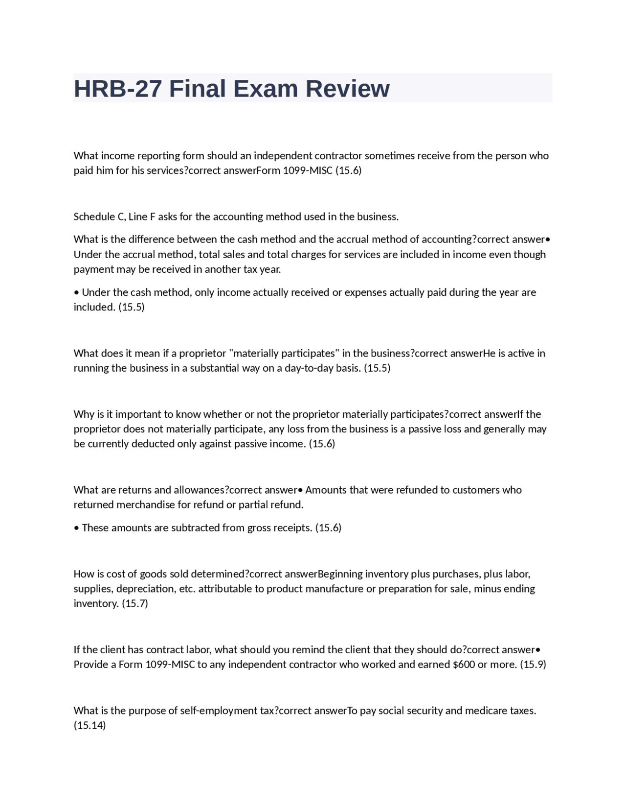 HRB-27 Final Exam Review questions with correct answers | Exams Nursing ...