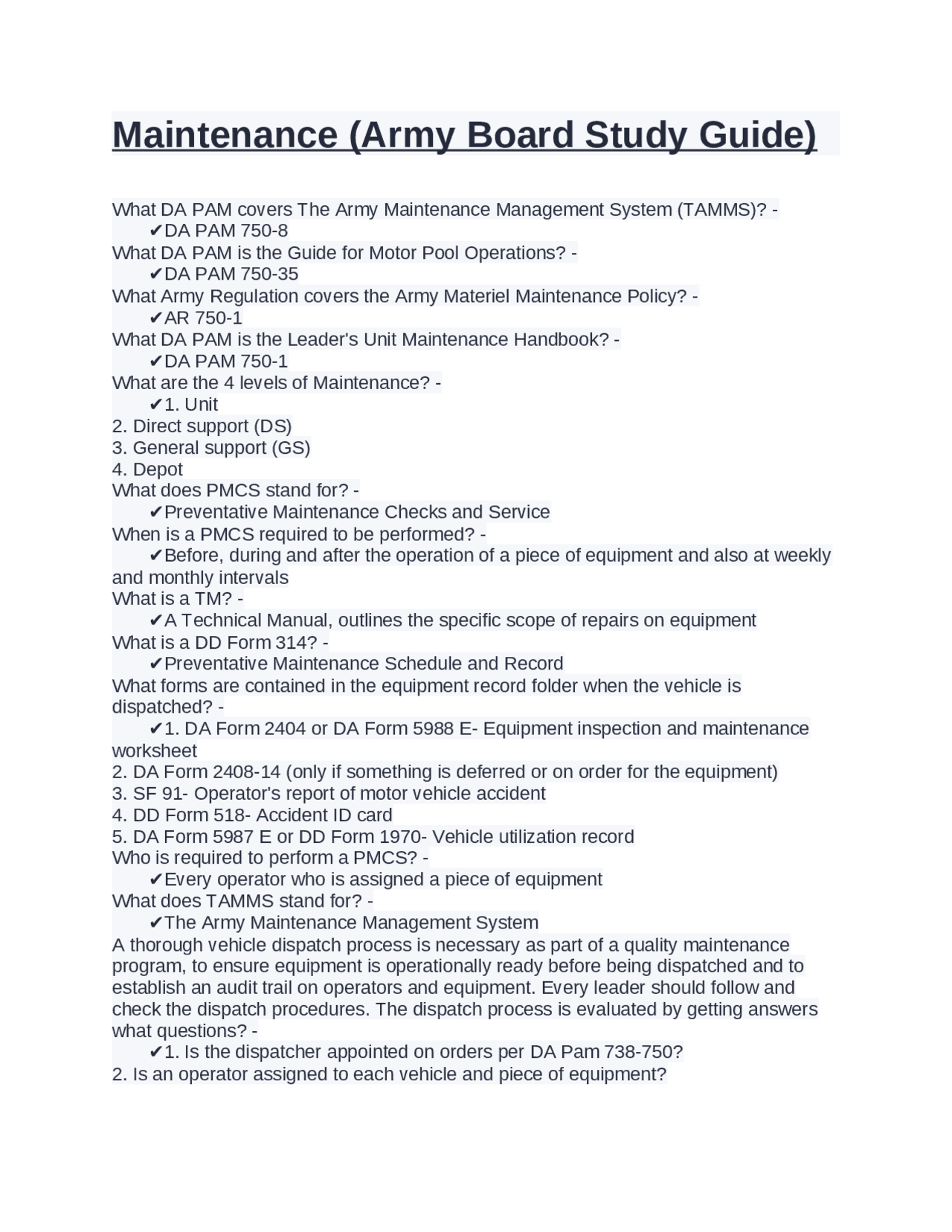 Maintenance(Army Board Study Guide) | Exams Nursing | Docsity maintenance-army-board-study-guide-exams-nursing-docsity