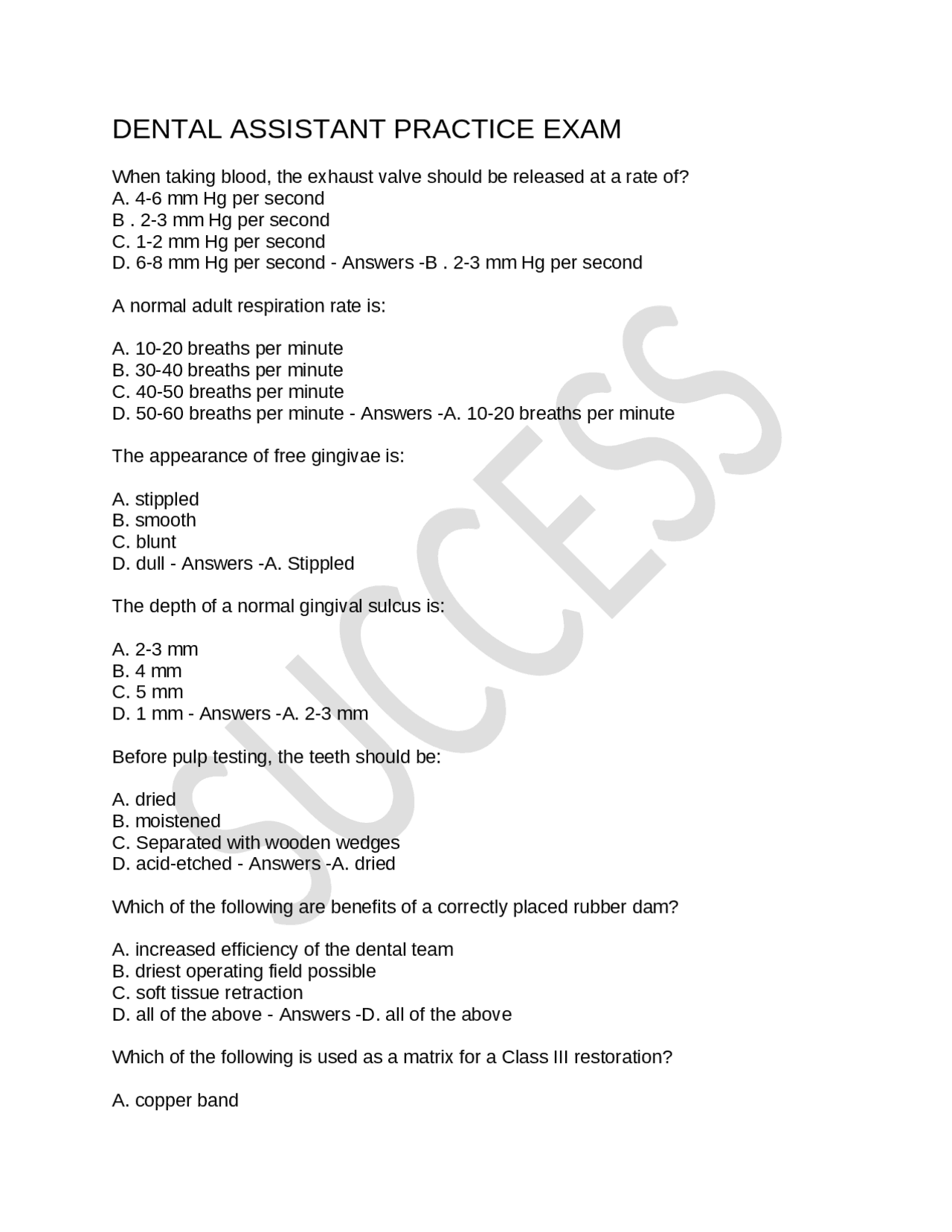 DENTAL ASSISTANT PRACTICE EXAM Exams Nursing Docsity