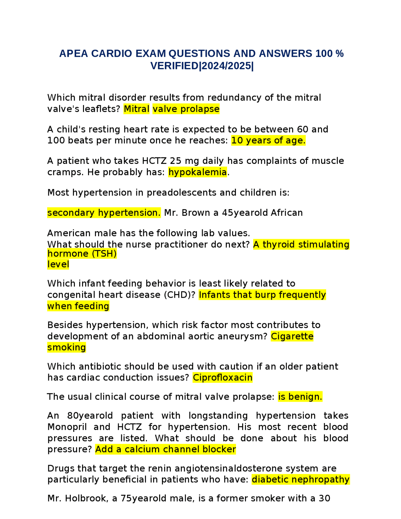 APEA CARDIO EXAM QUESTIONS AND ANSWERS 100 % VERIFIED|2024/2025 ...