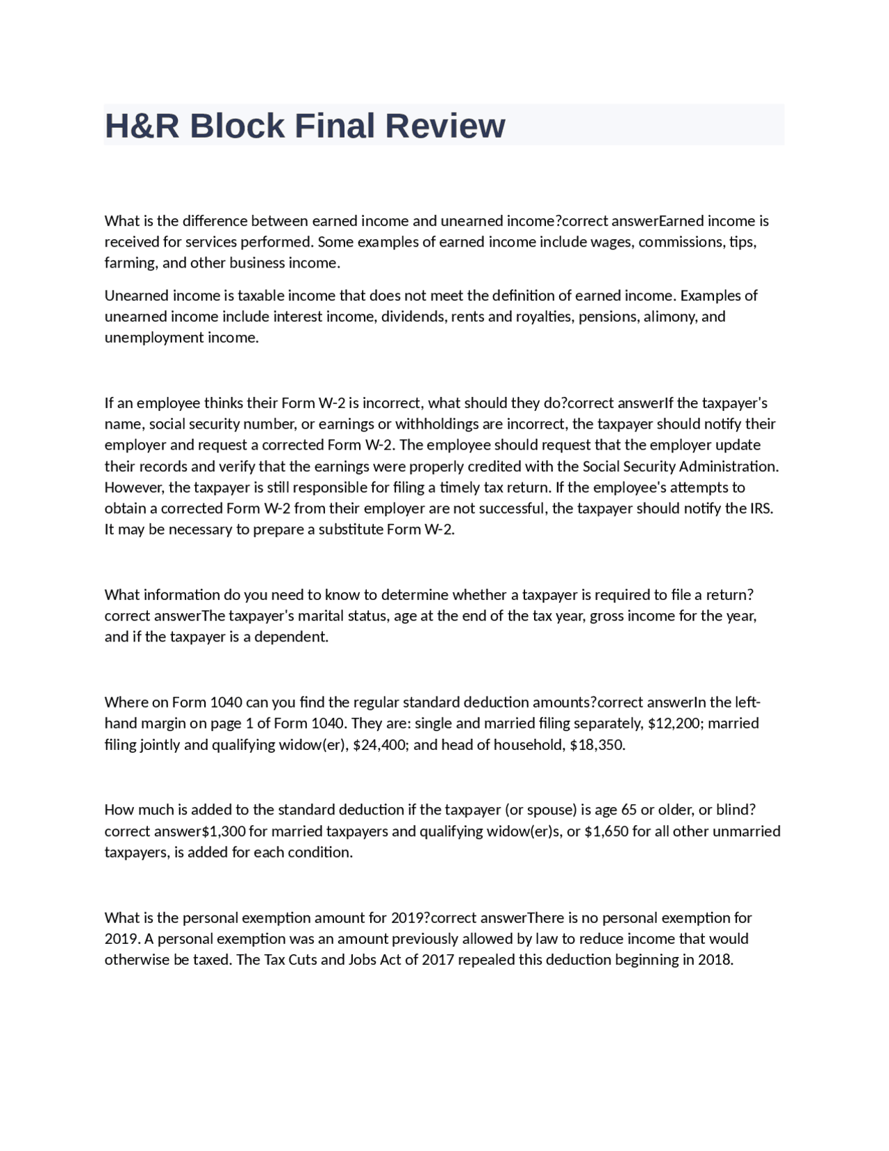 H R Block Interview Guide.pdf H&R Block Final Review questions with correct answers | Exams Business ...
