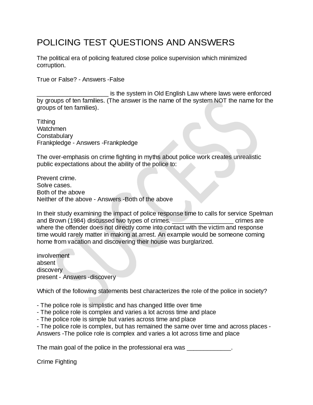 Police Memory Test Practice POLICING TEST QUESTIONS AND ANSWERS | Exams Criminology | Docsity