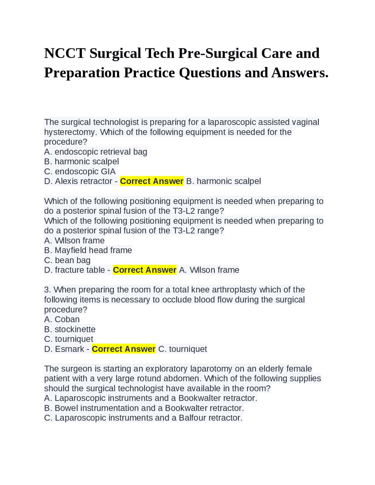 NCCT Surgical Tech PreSurgical Care and Preparation Practice Questions