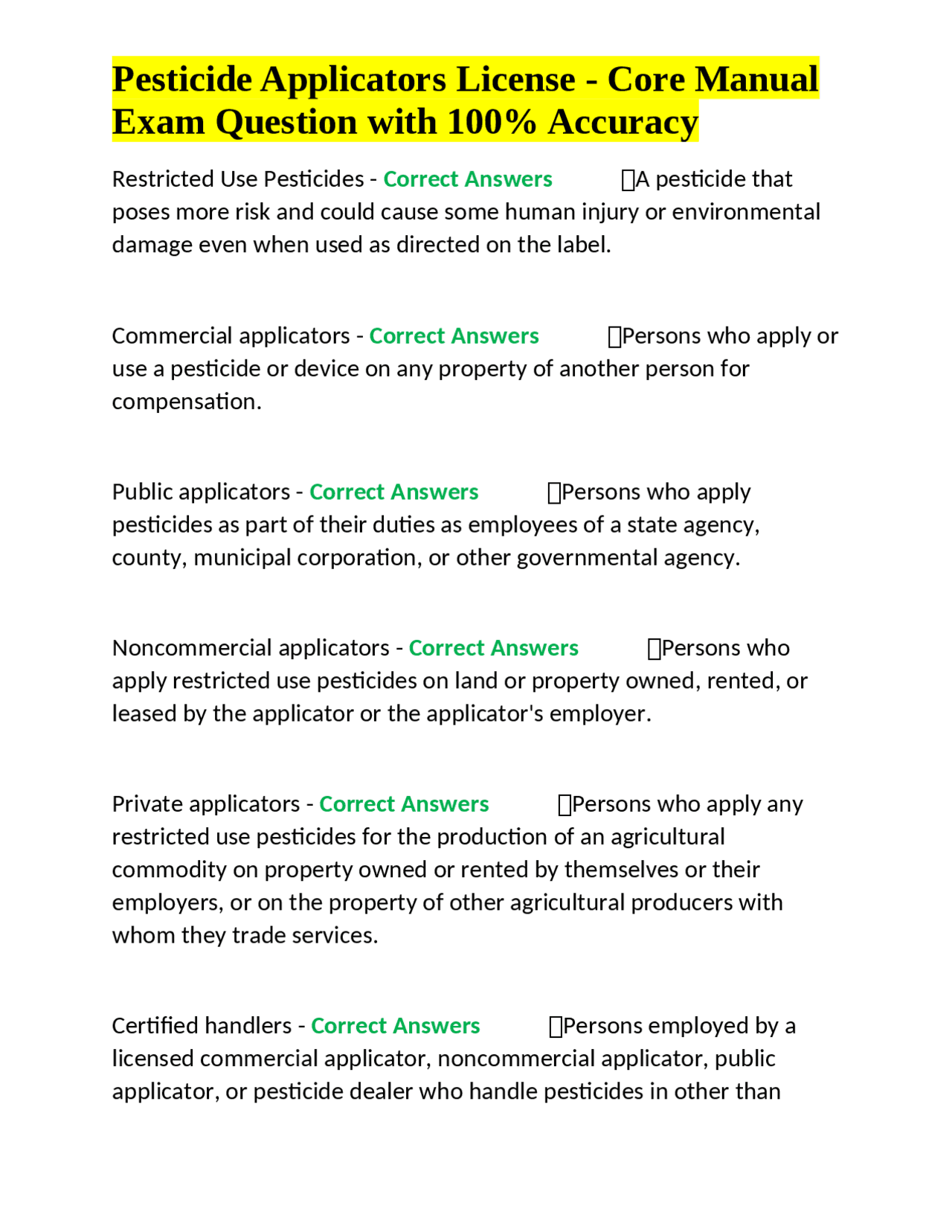 Pesticide Applicators License Core Manual Exam Question with 100