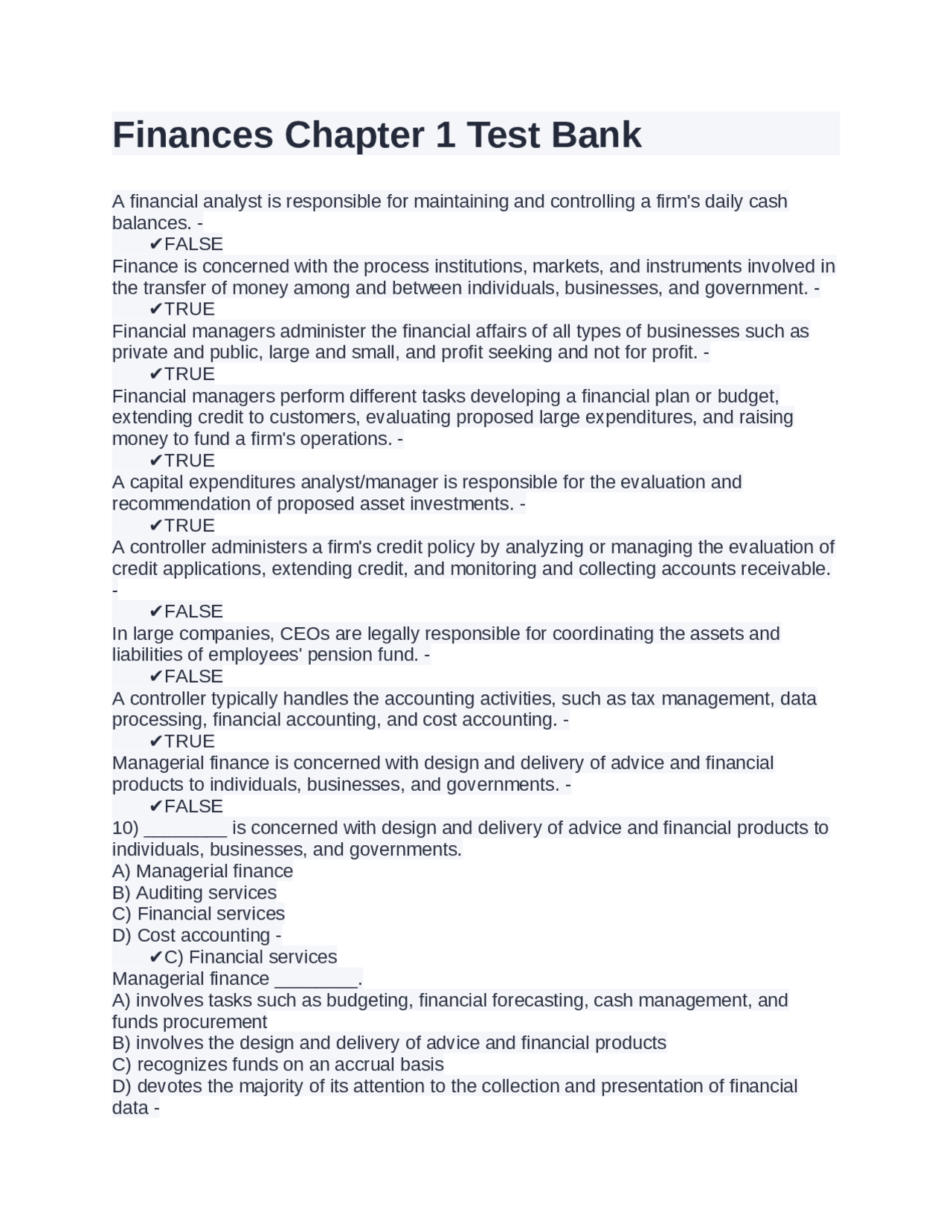 Finances Chapter 1 Test Bank | Exams Finance | Docsity