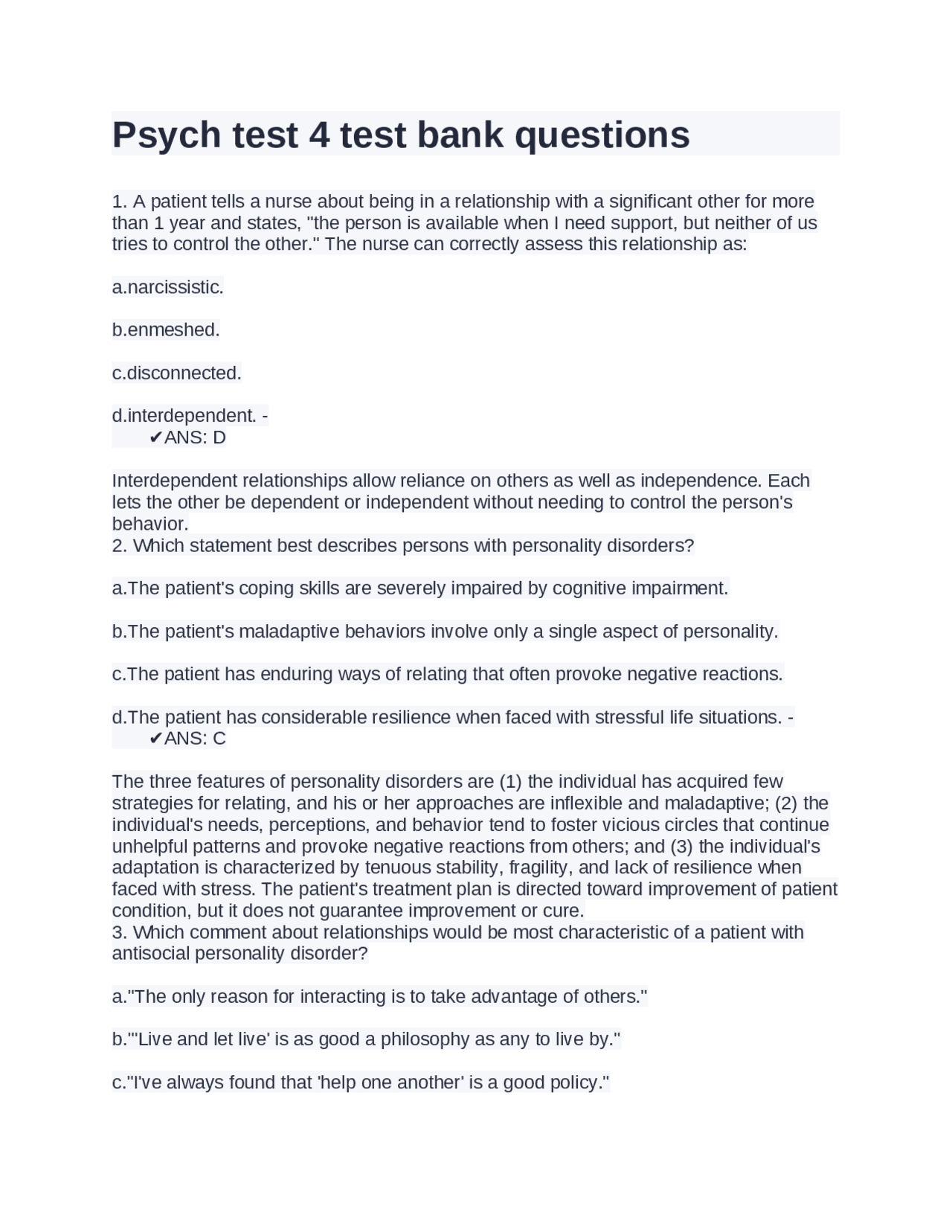 Psych test 4 test bank questions | Exams Psychology | Docsity