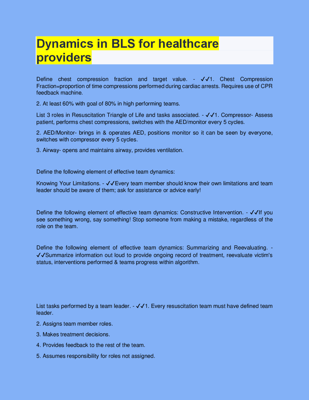 Bls Code Roles Dynamics in BLS for healthcare providers | Exams Public Health | Docsity