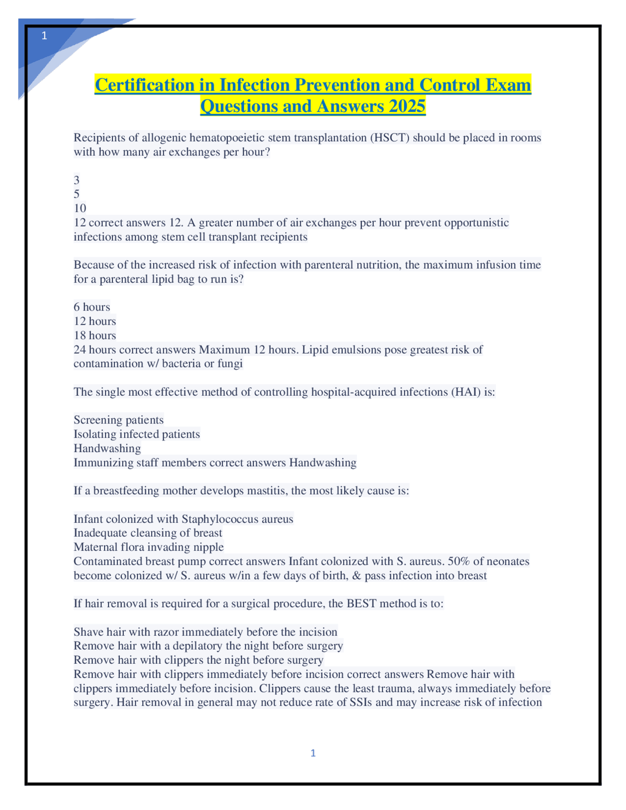 Certification in Infection Prevention and Control Exam Questions and ...