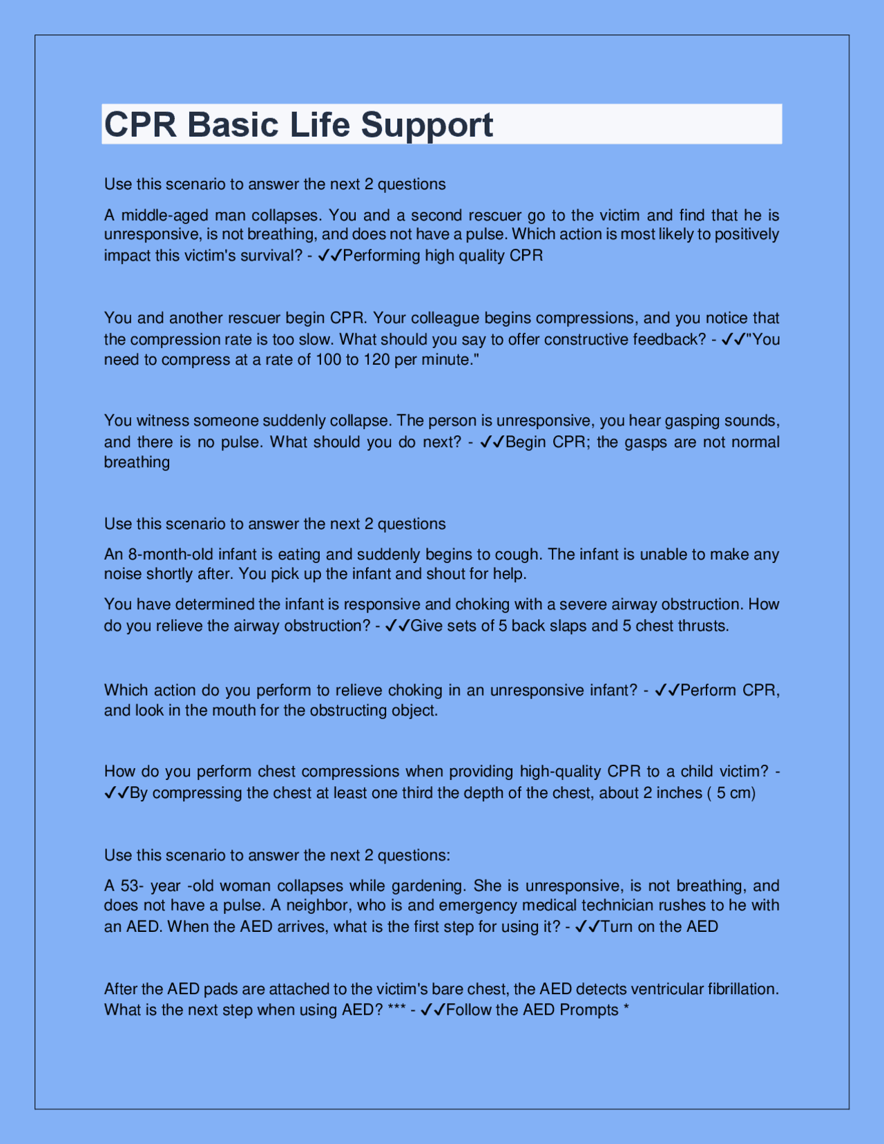 CPR Basic Life Support question and A+ graded correct Answers | Exams ...